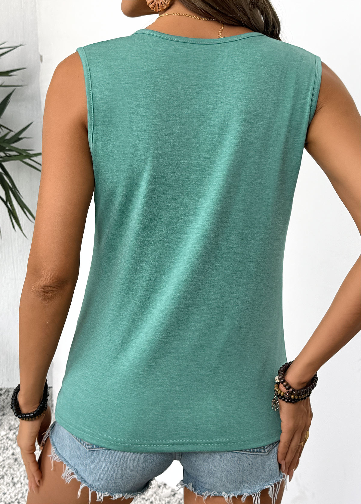 Green Shirred Sleeveless V Neck Tank Top | picture 