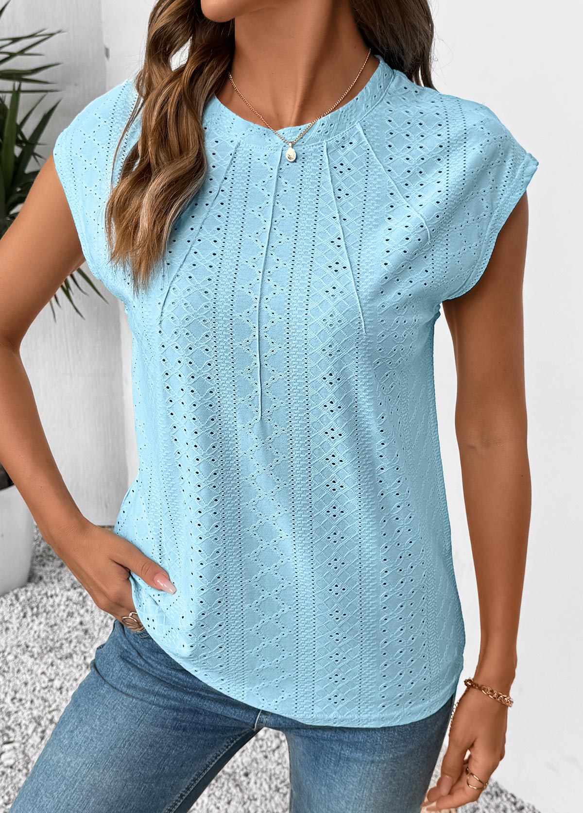 Light Blue Tuck Stitch Short Sleeve T Shirt | picture 