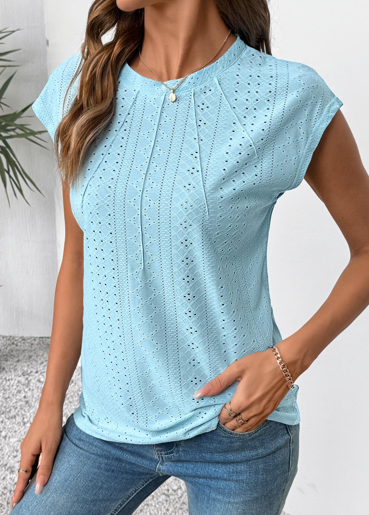 Light Blue Tuck Stitch Short Sleeve T Shirt | picture 