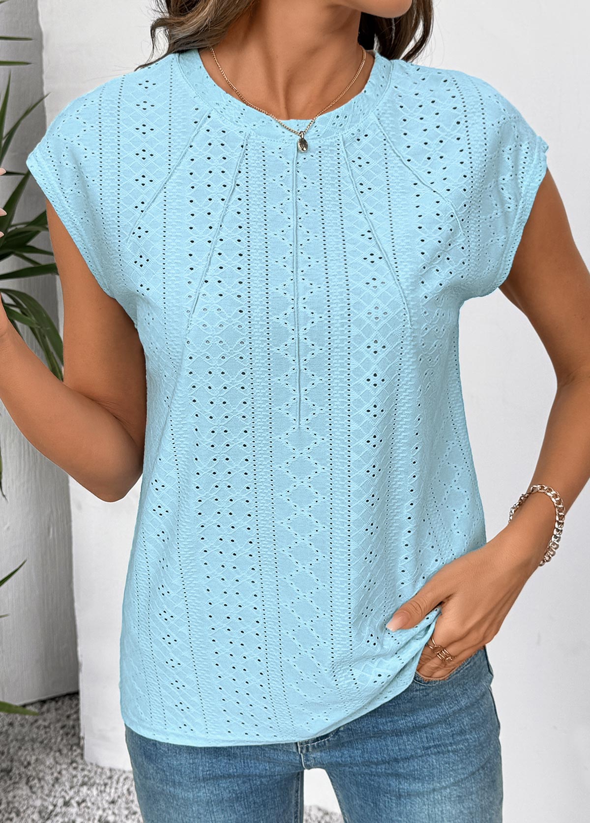 Light Blue Tuck Stitch Short Sleeve T Shirt | picture 
