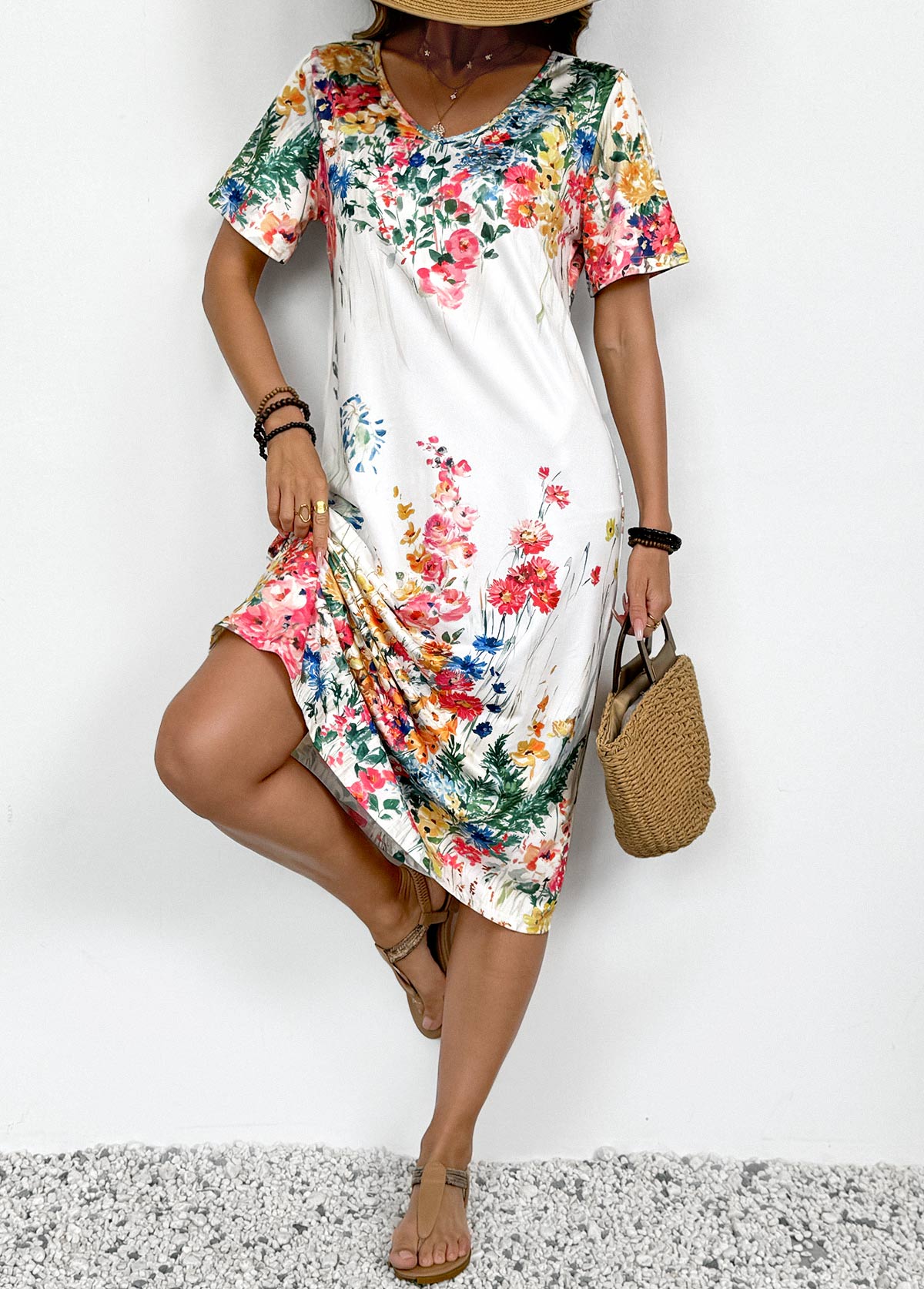 White Floral Print Short Sleeve V Neck Dress | picture 