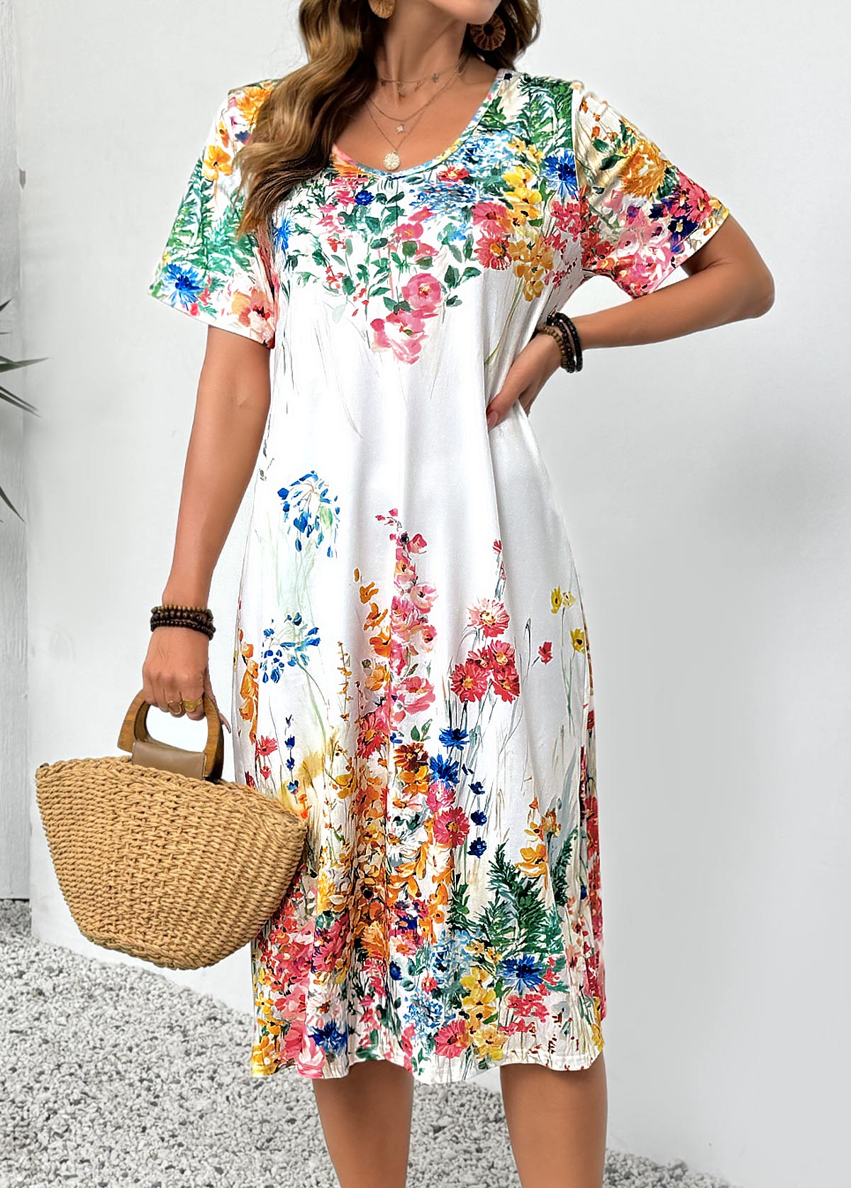 White Floral Print Short Sleeve V Neck Dress | picture 
