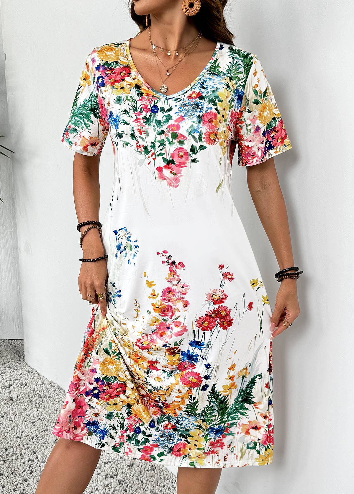 White Floral Print Short Sleeve V Neck Dress | picture 