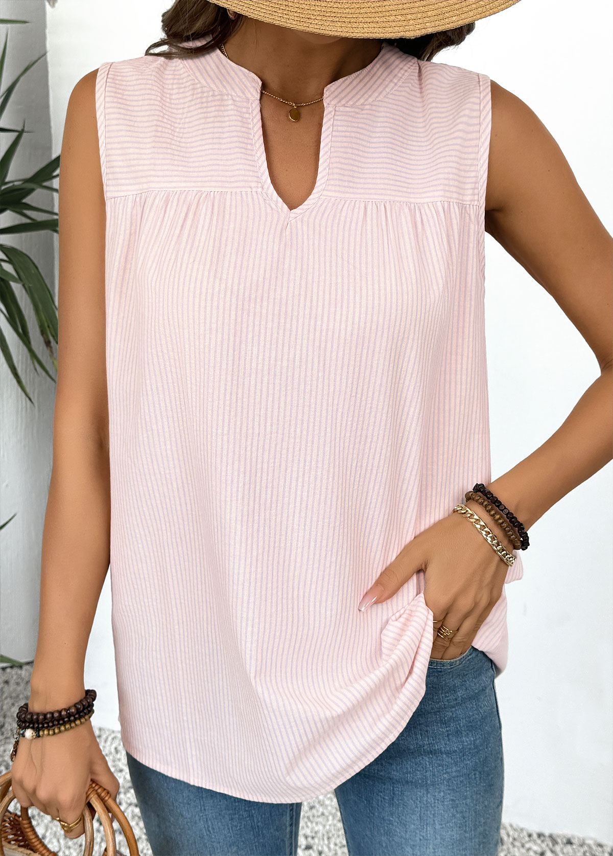 Pink Striped Sleeveless Split Neck Tank Top | picture 