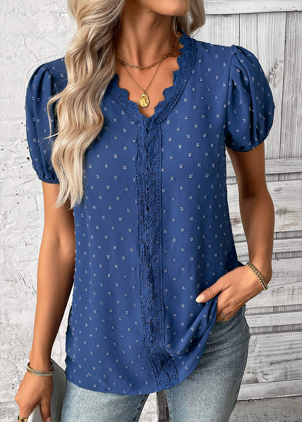 Blue Patchwork Short Sleeve V Neck Blouse | picture 