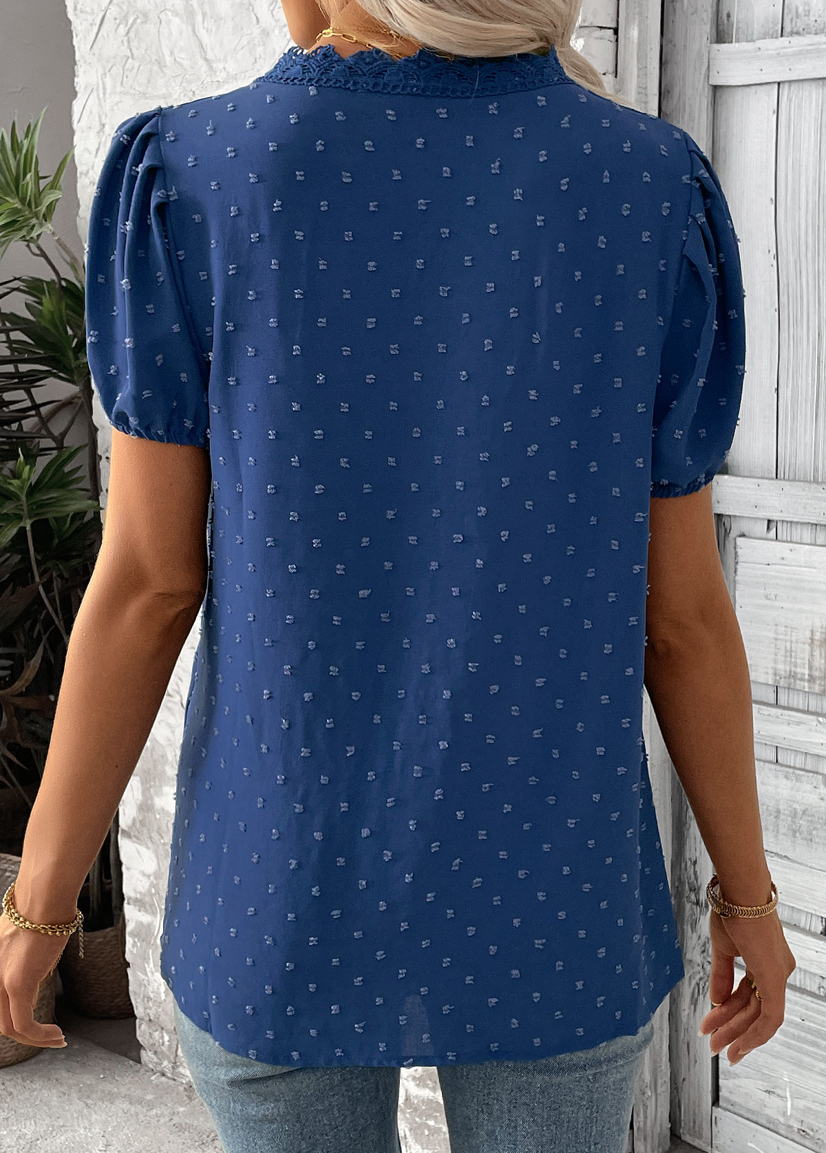 Blue Patchwork Short Sleeve V Neck Blouse | picture 