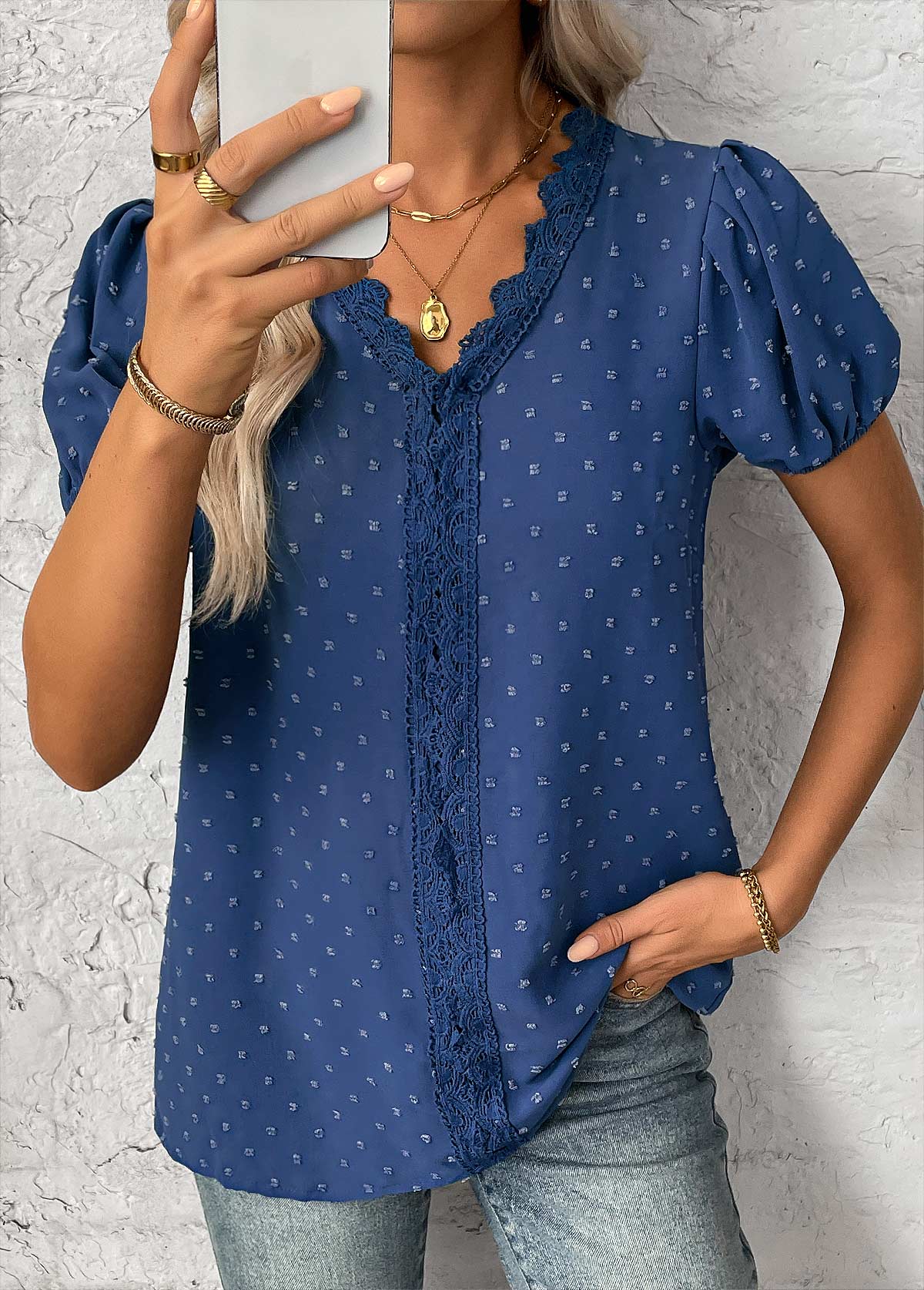 Blue Patchwork Short Sleeve V Neck Blouse | picture 