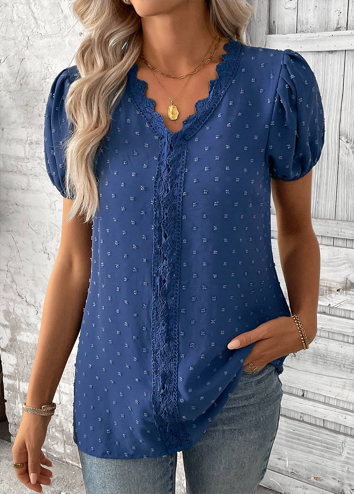 Blue Patchwork Short Sleeve V Neck Blouse | picture 