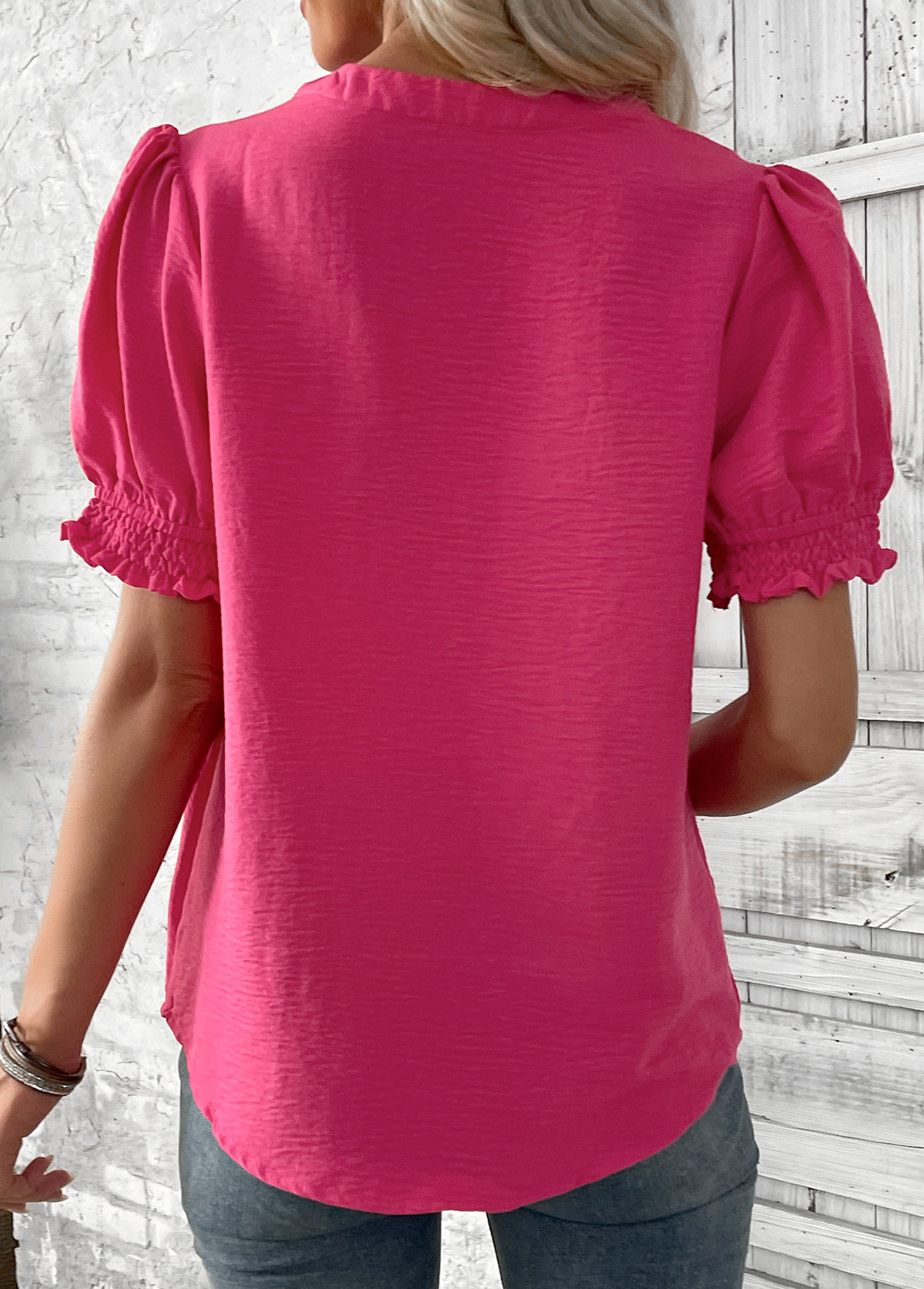 Hot Pink Curved Hem Short Sleeve Split Neck Blouse | picture 