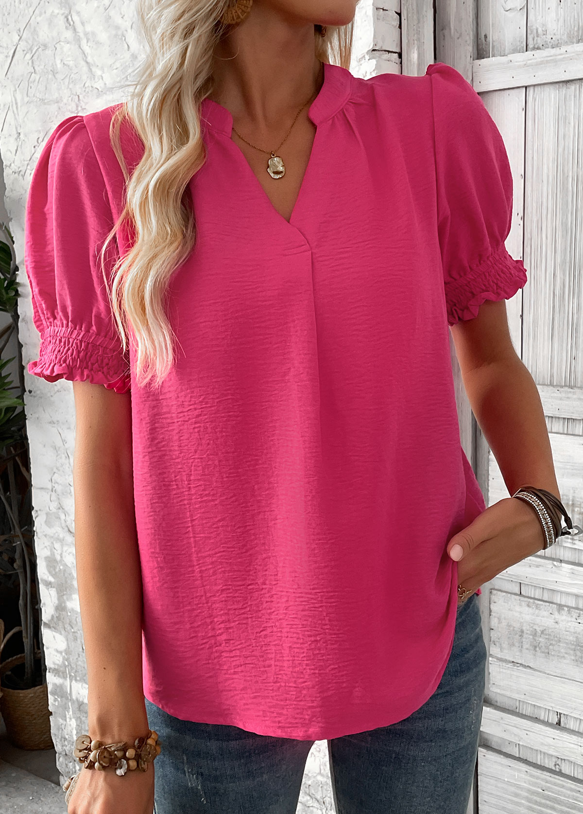 Hot Pink Curved Hem Short Sleeve Split Neck Blouse | picture 