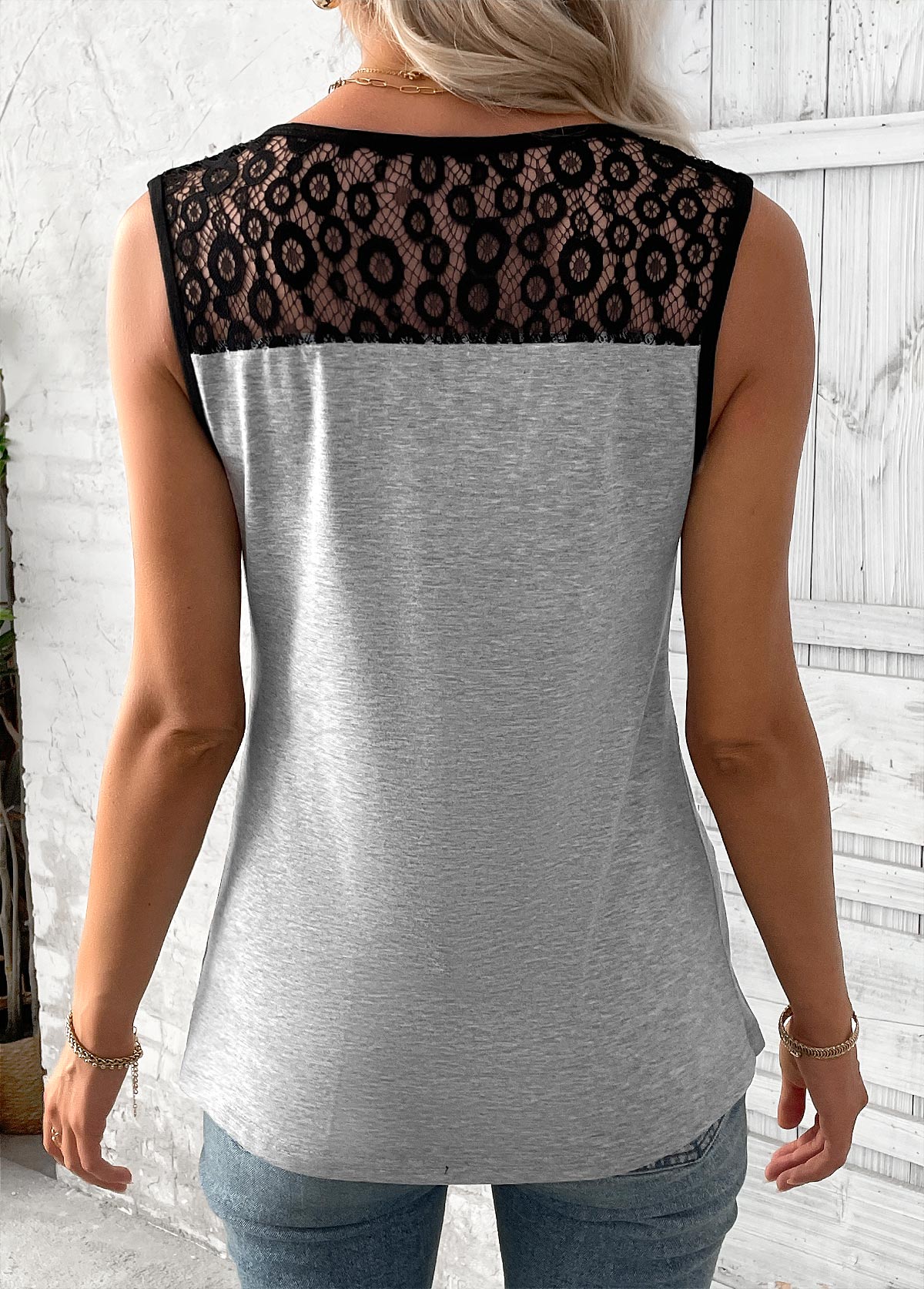 Light Grey Patchwork Sleeveless Split Neck Tank Top | picture 