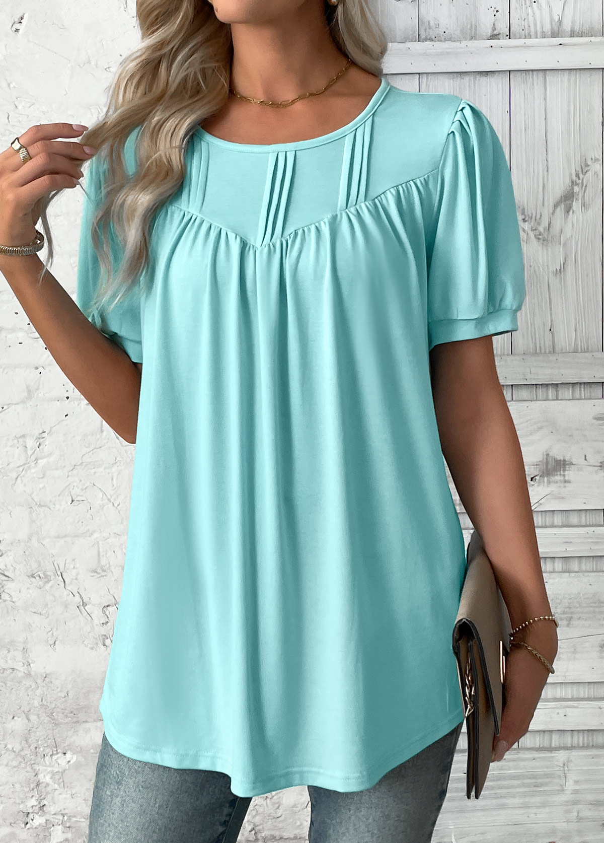 Cyan Tummy Coverage Short Sleeve Round Neck T Shirt | picture 