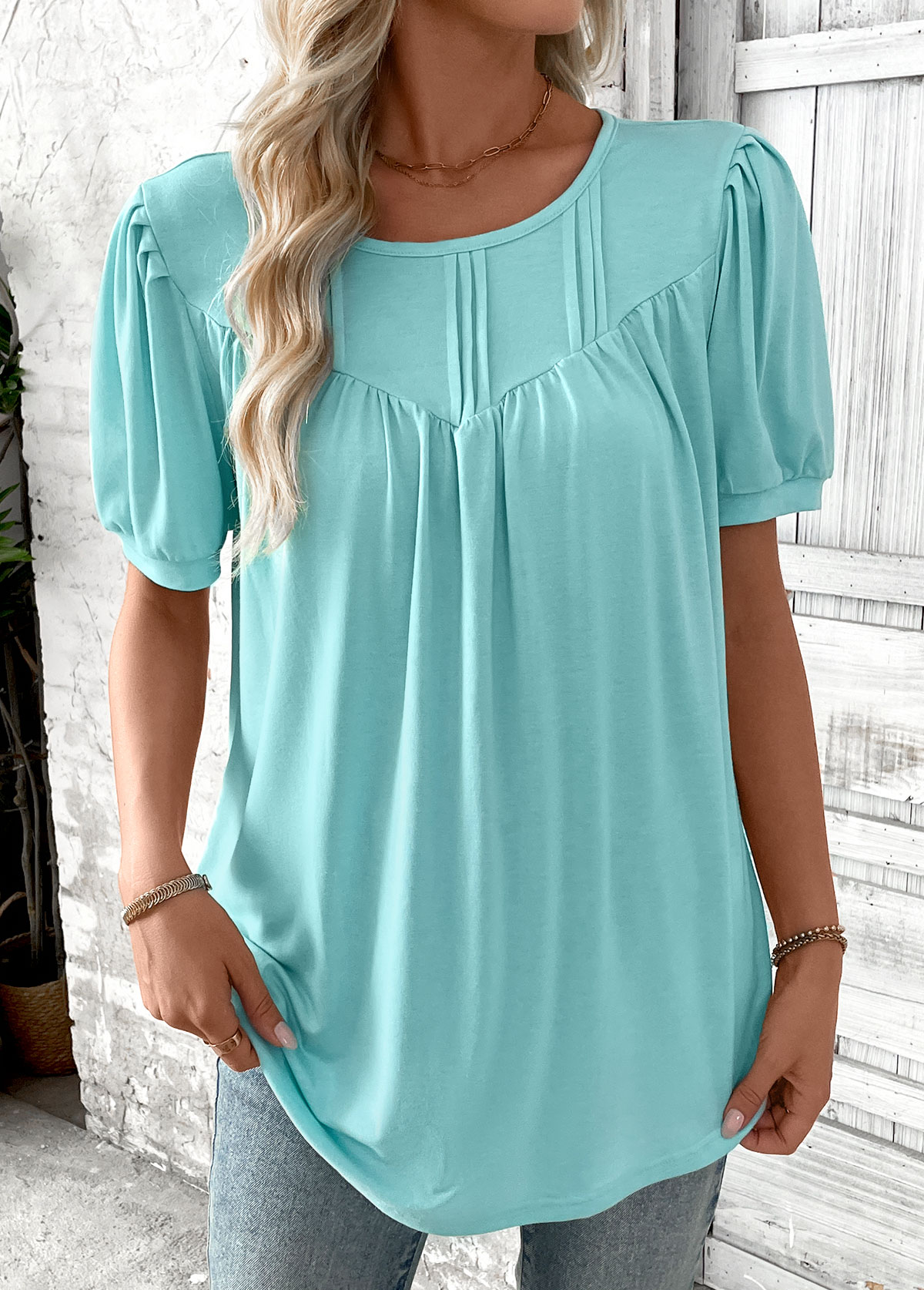 Cyan Tummy Coverage Short Sleeve Round Neck T Shirt | picture 