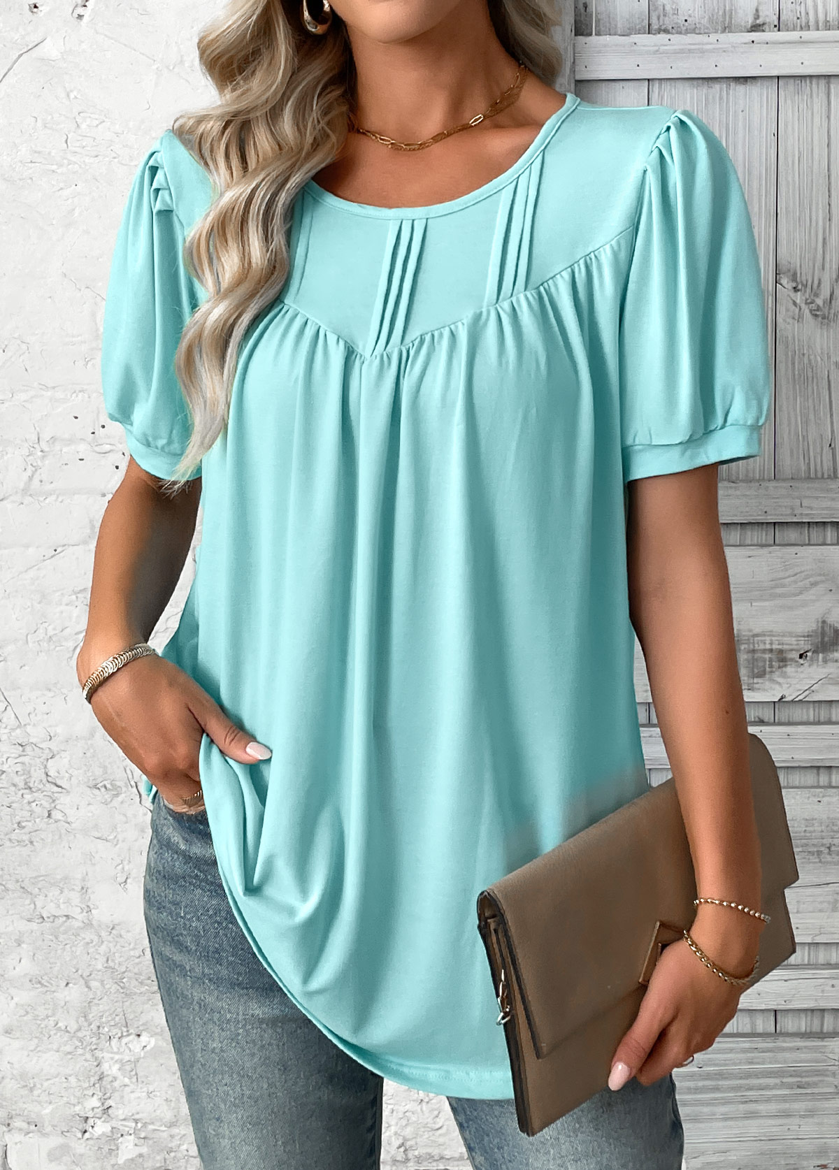 Cyan Tummy Coverage Short Sleeve Round Neck T Shirt | picture 