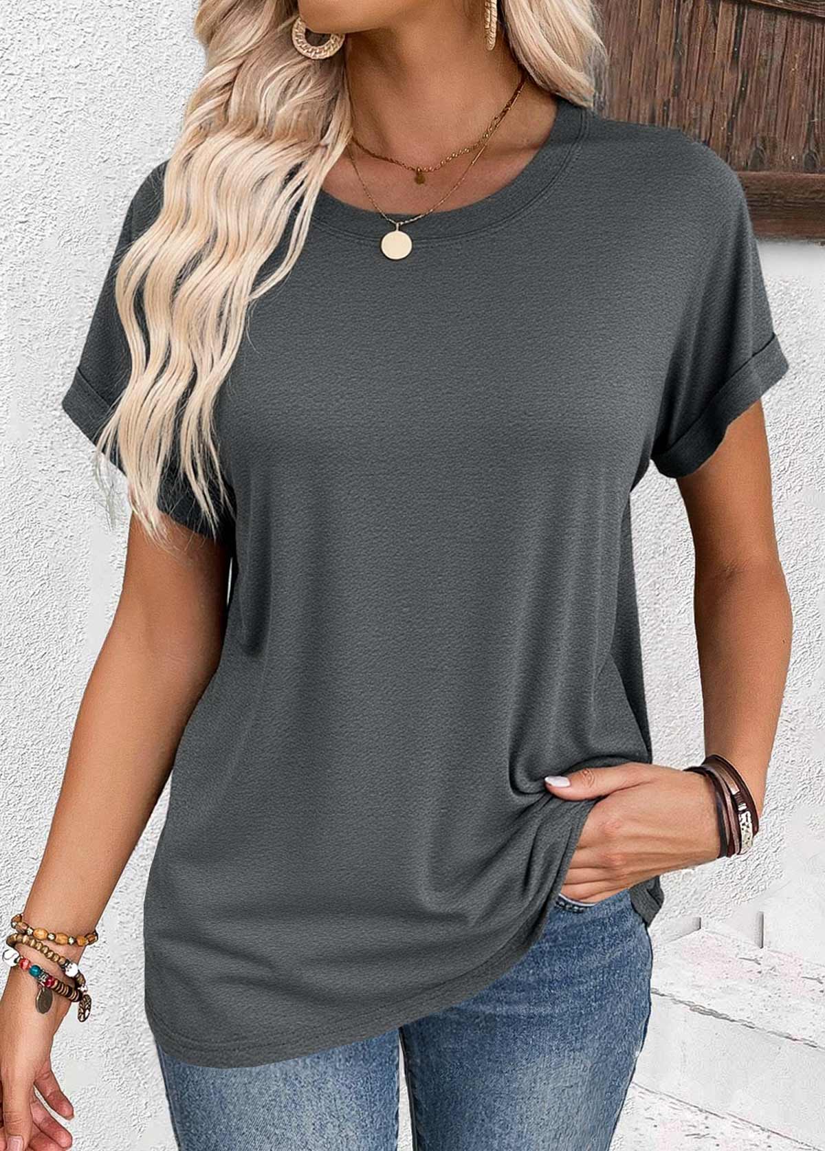 Dark Grey Short Sleeve Round Neck T Shirt | picture 