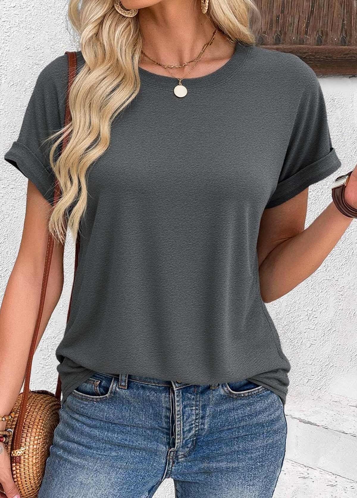 Dark Grey Short Sleeve Round Neck T Shirt | picture 
