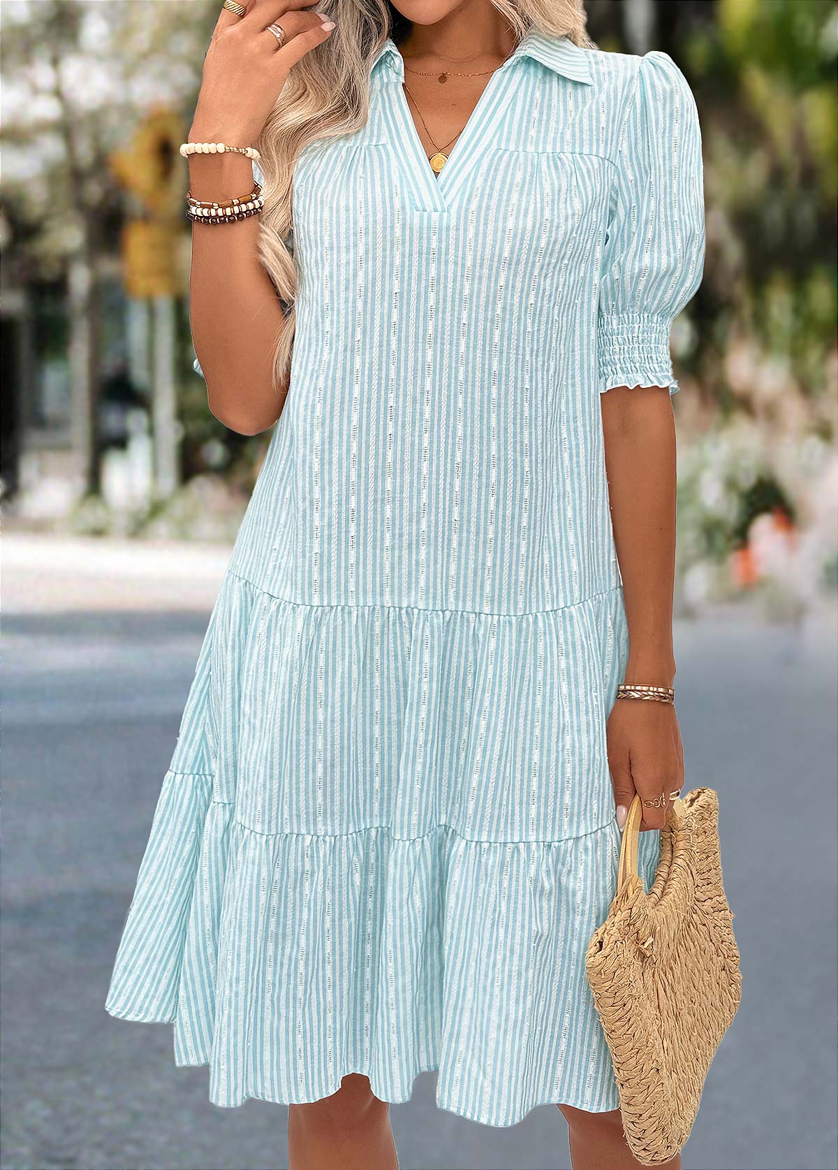 Light Blue Tummy Coverage Short Sleeve Shirt Collar Dress | picture 