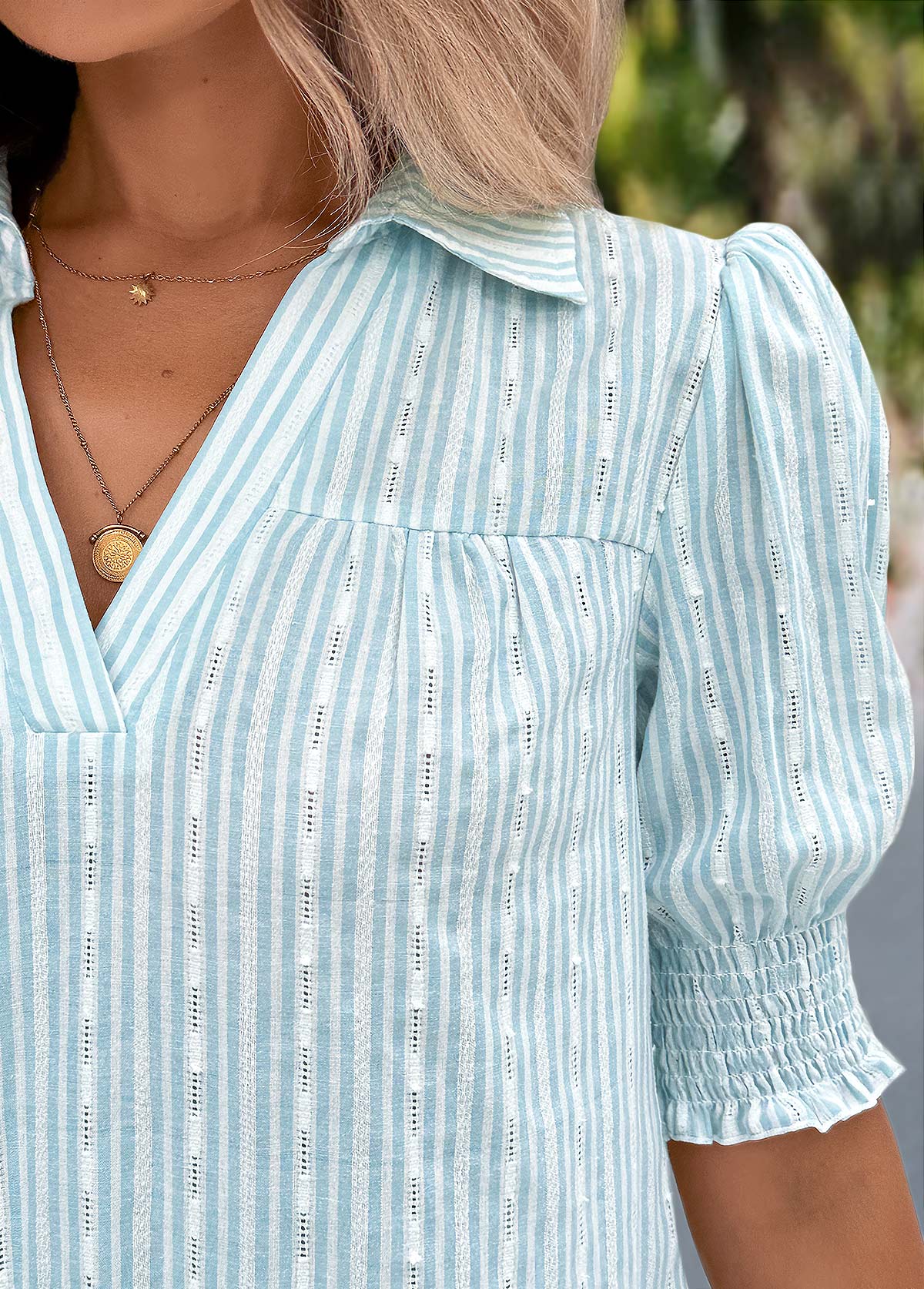 Light Blue Tummy Coverage Short Sleeve Shirt Collar Dress | picture 