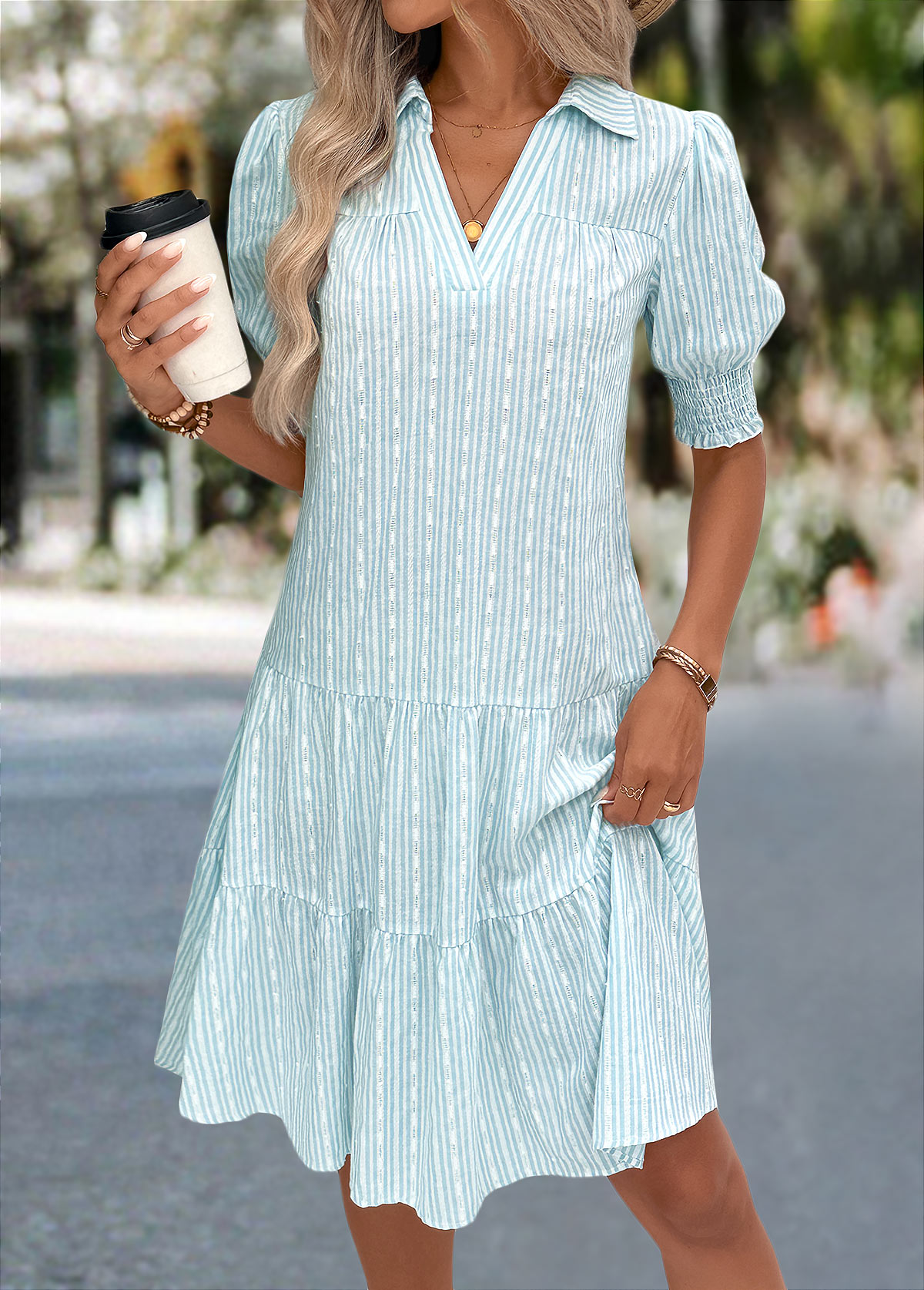 Light Blue Tummy Coverage Short Sleeve Shirt Collar Dress | picture 