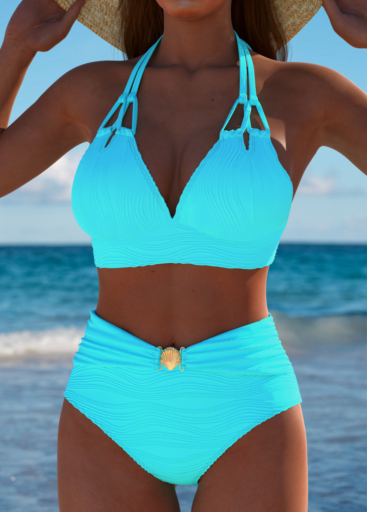 Mid Waisted Patchwork Cyan Bikini Set | picture 