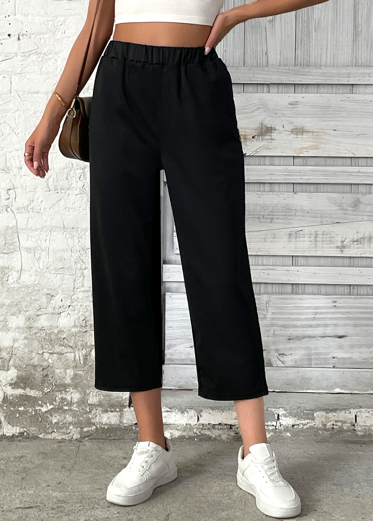 Black Straight Leg Elastic Waist High Waisted Pants | picture 