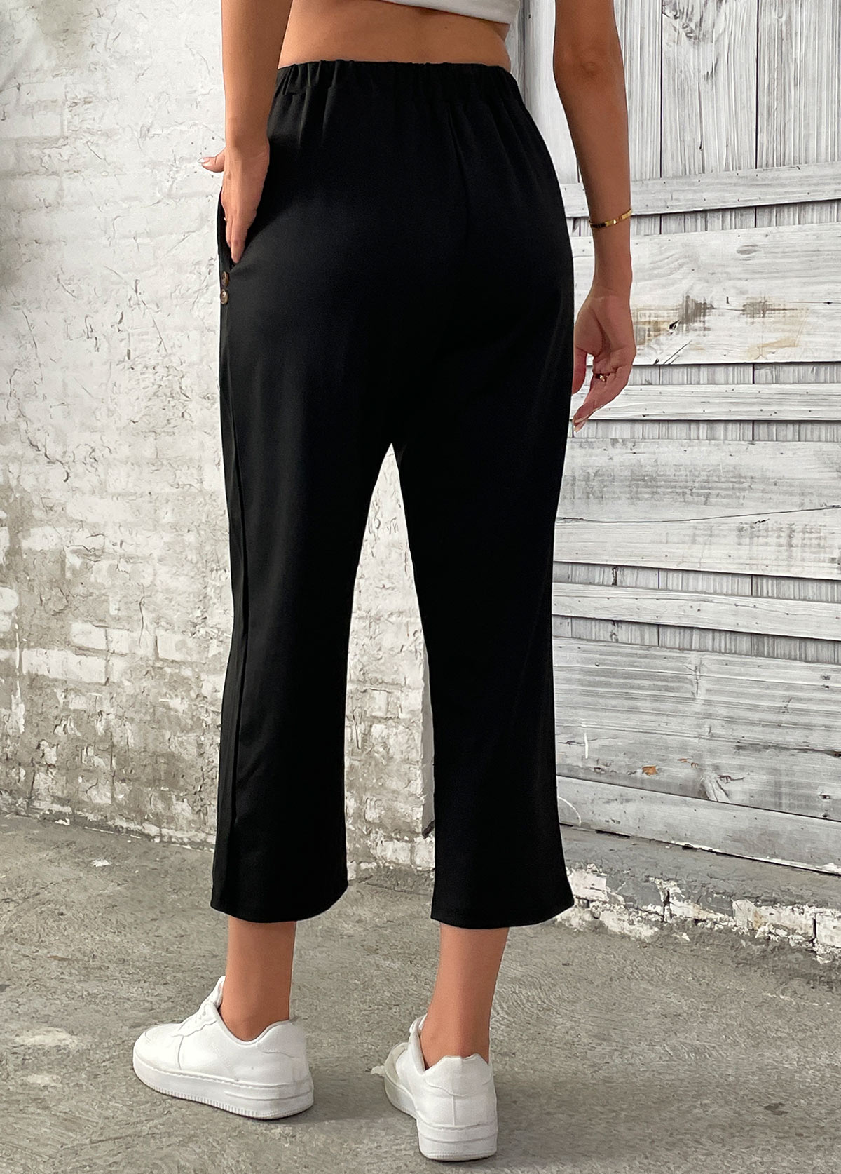 Black Straight Leg Elastic Waist High Waisted Pants | picture 