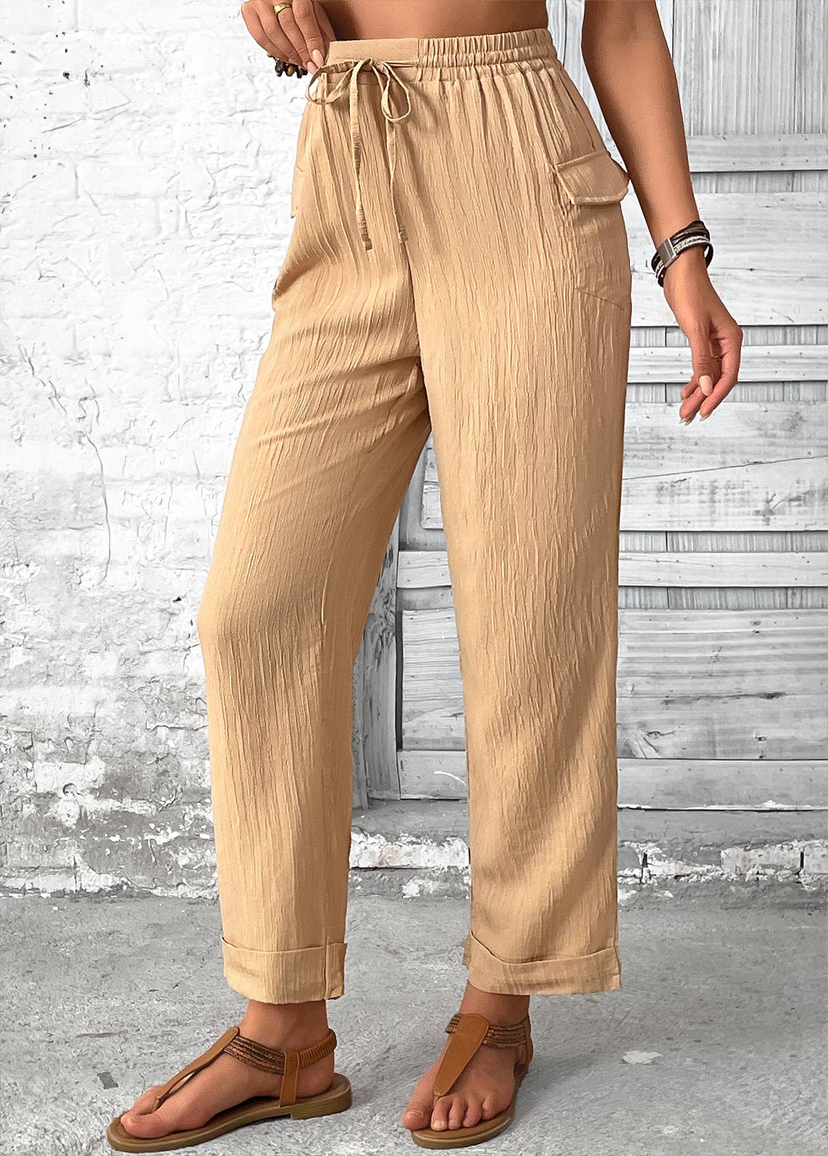 Light Camel Pocket Straight Leg Elastic Waist Pants | picture 