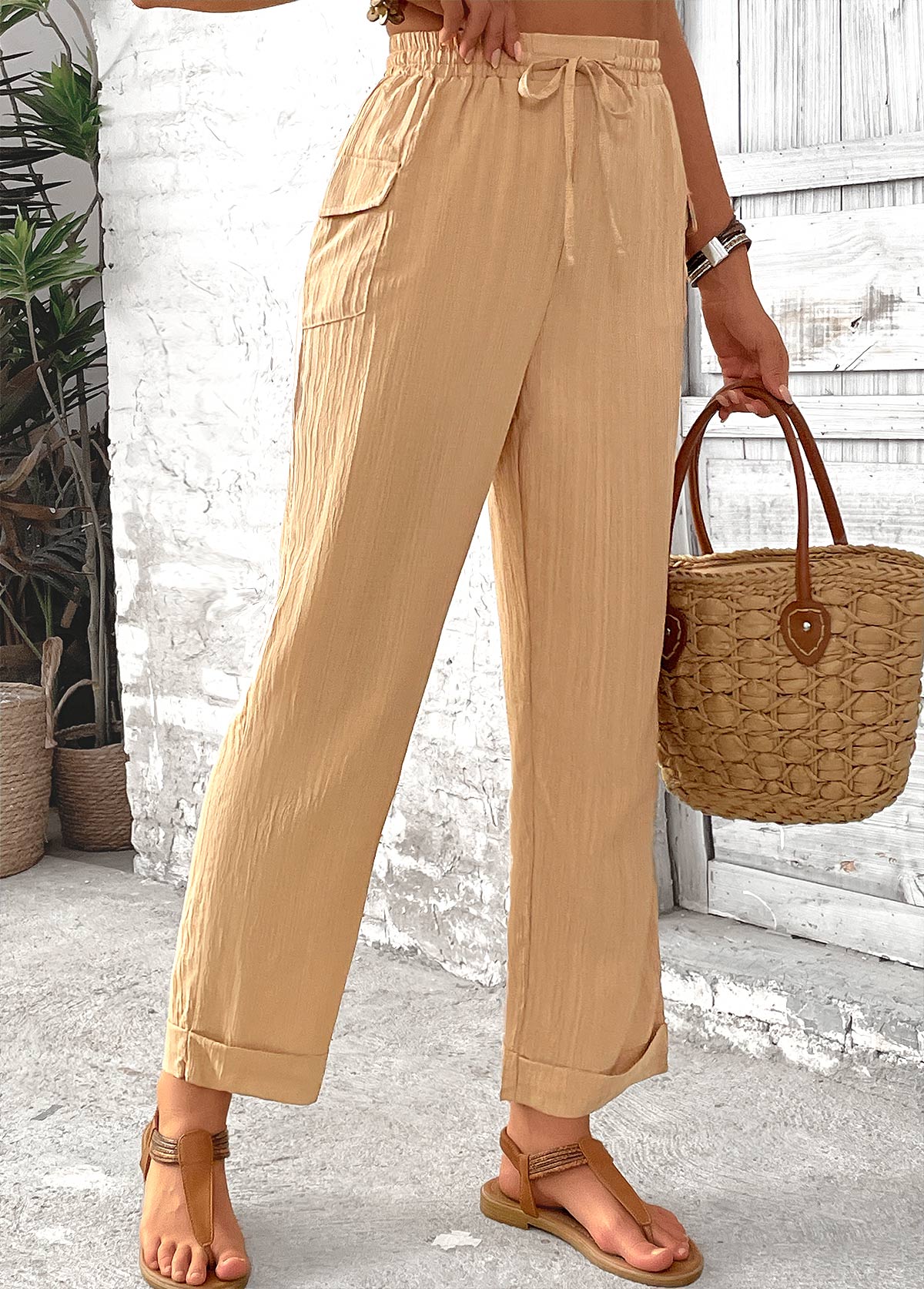 Light Camel Pocket Straight Leg Elastic Waist Pants | picture 