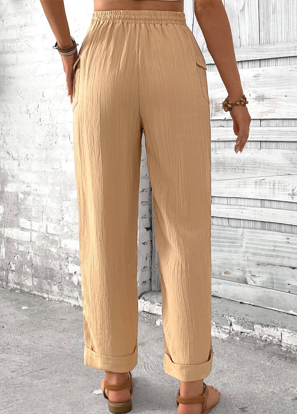Light Camel Pocket Straight Leg Elastic Waist Pants | picture 
