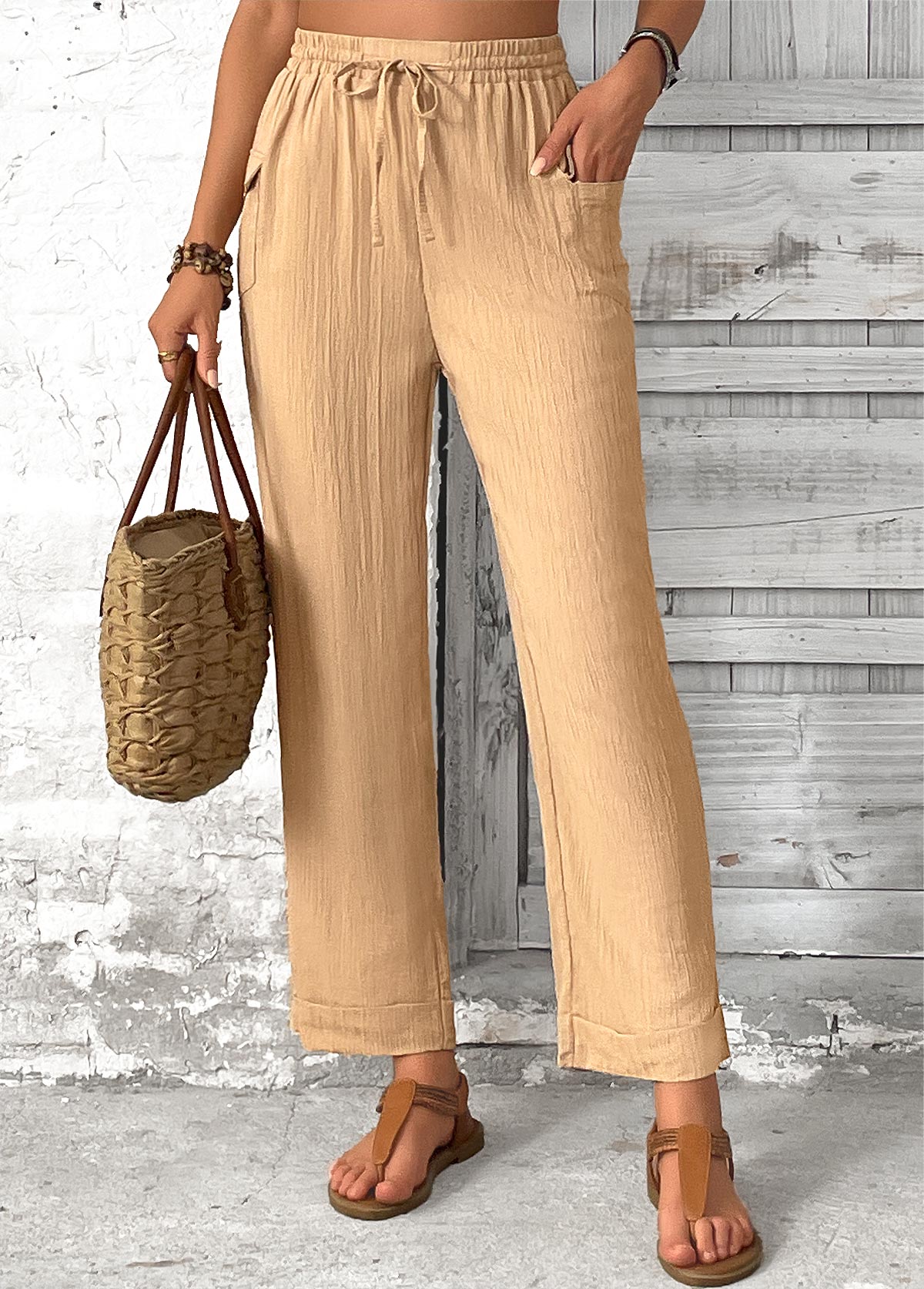 Light Camel Pocket Straight Leg Elastic Waist Pants | picture 
