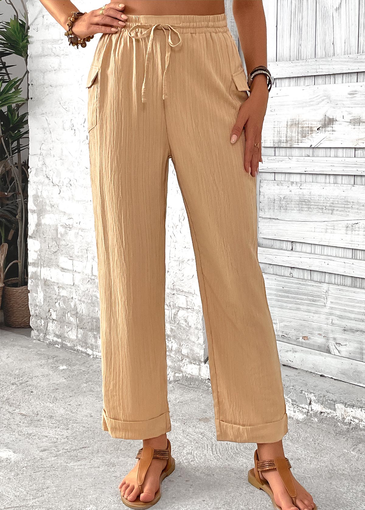 Light Camel Pocket Straight Leg Elastic Waist Pants | picture 