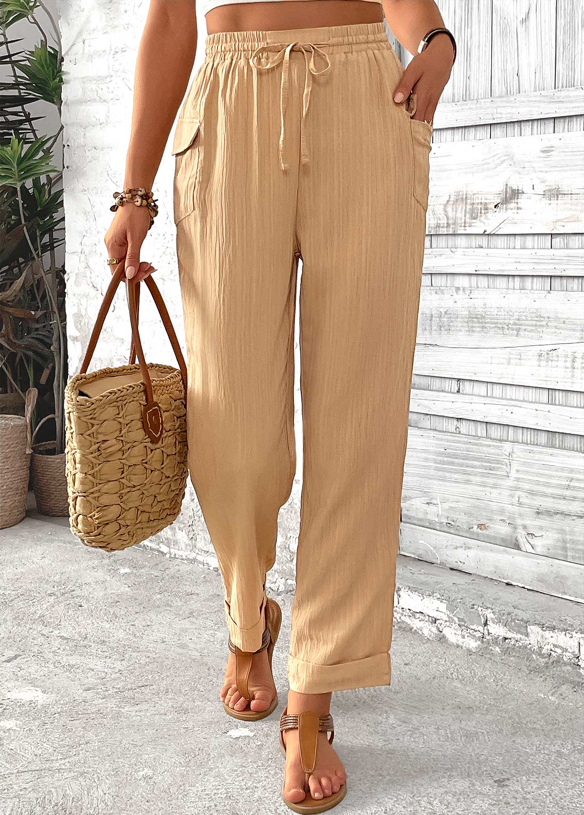 Light Camel Pocket Straight Leg Elastic Waist Pants | picture 