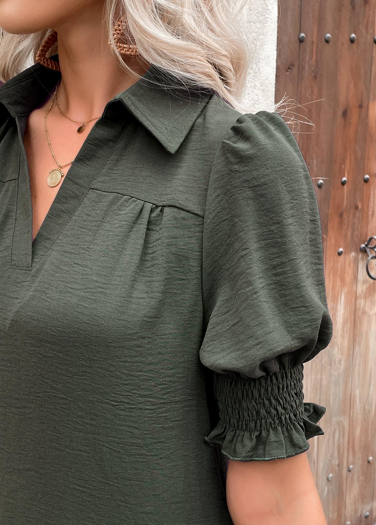 Olive Green Tummy Coverage A Line Short Sleeve Dress | picture 