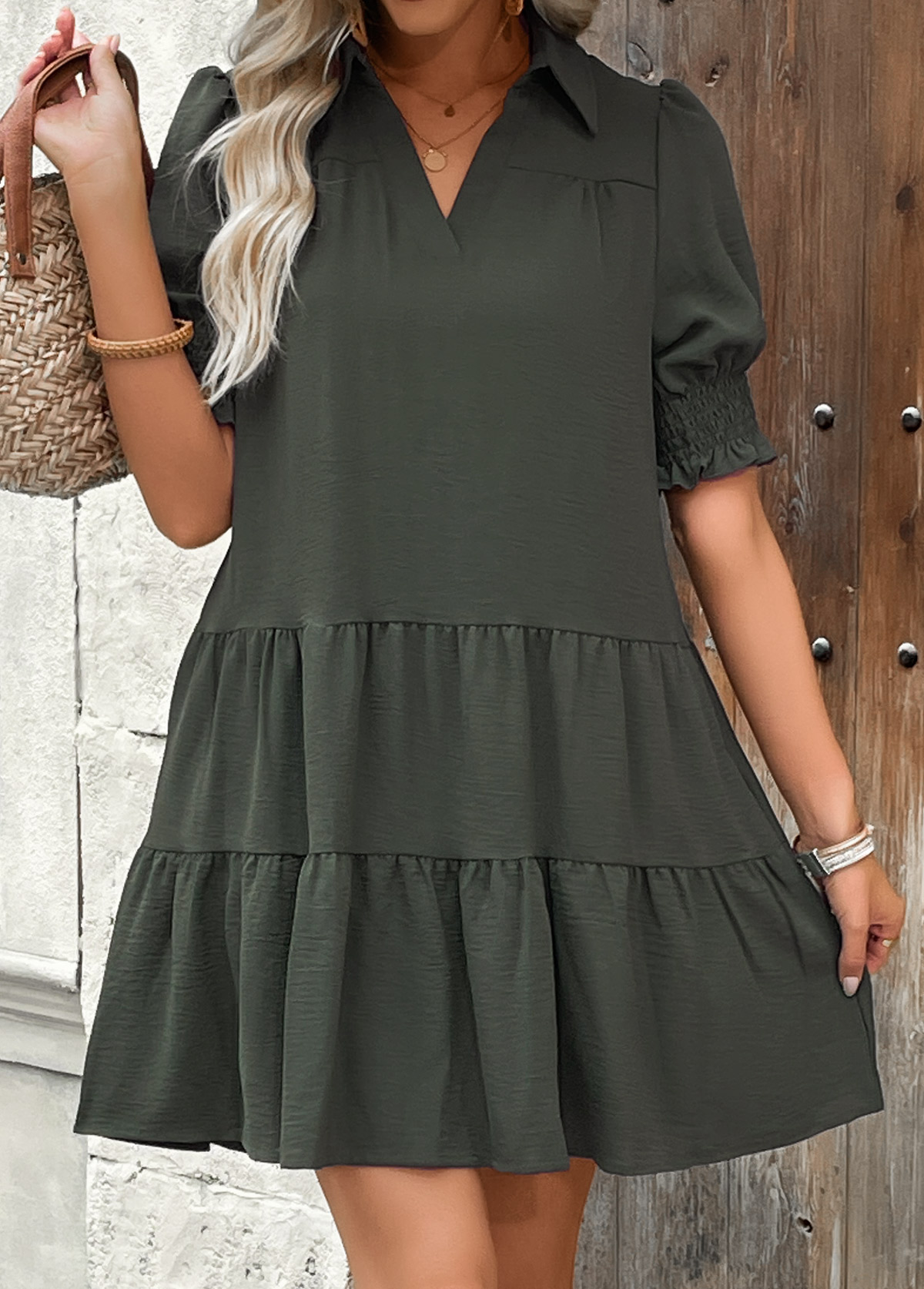 Olive Green Tummy Coverage A Line Short Sleeve Dress | picture 