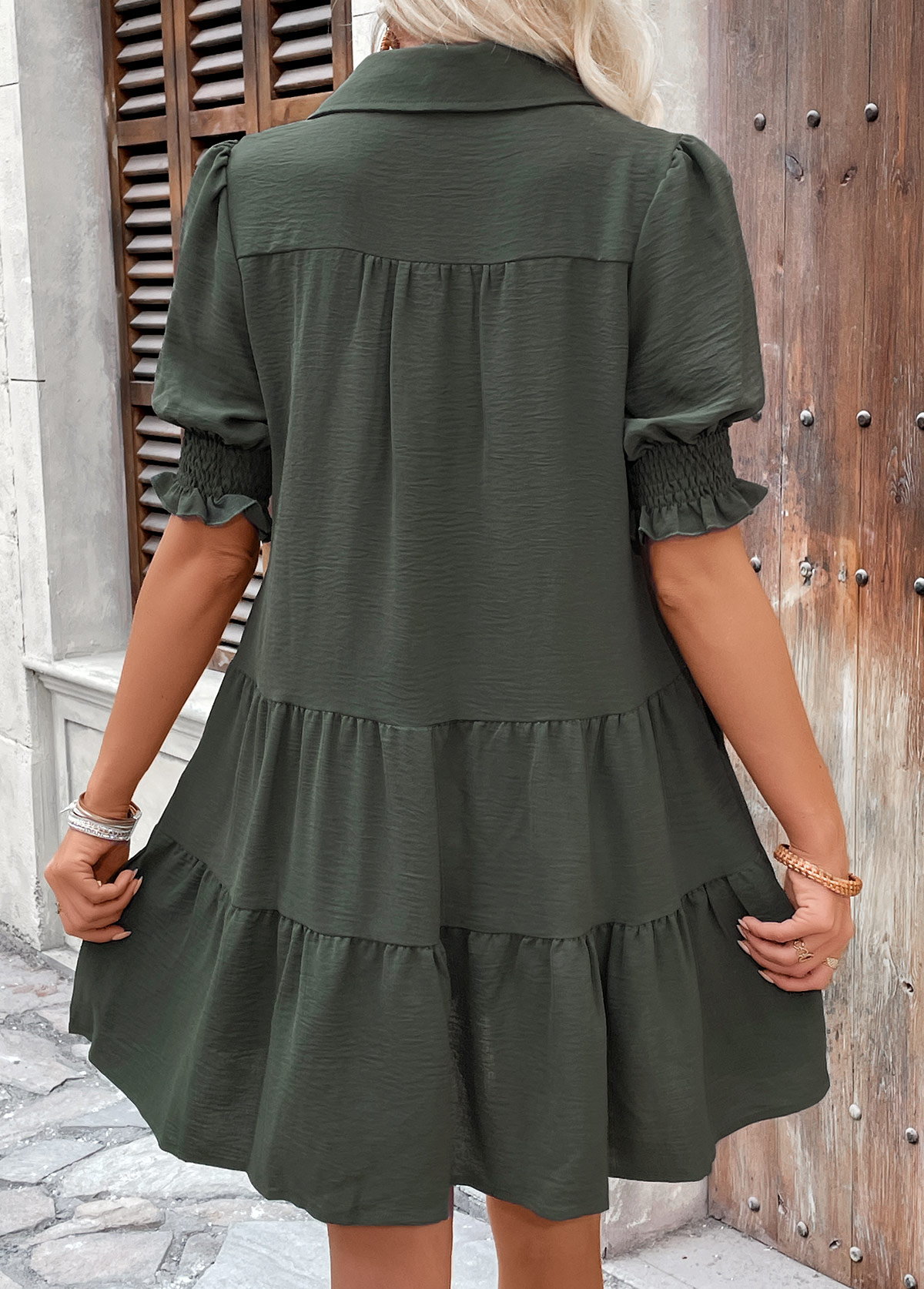 Olive Green Tummy Coverage A Line Short Sleeve Dress | picture 