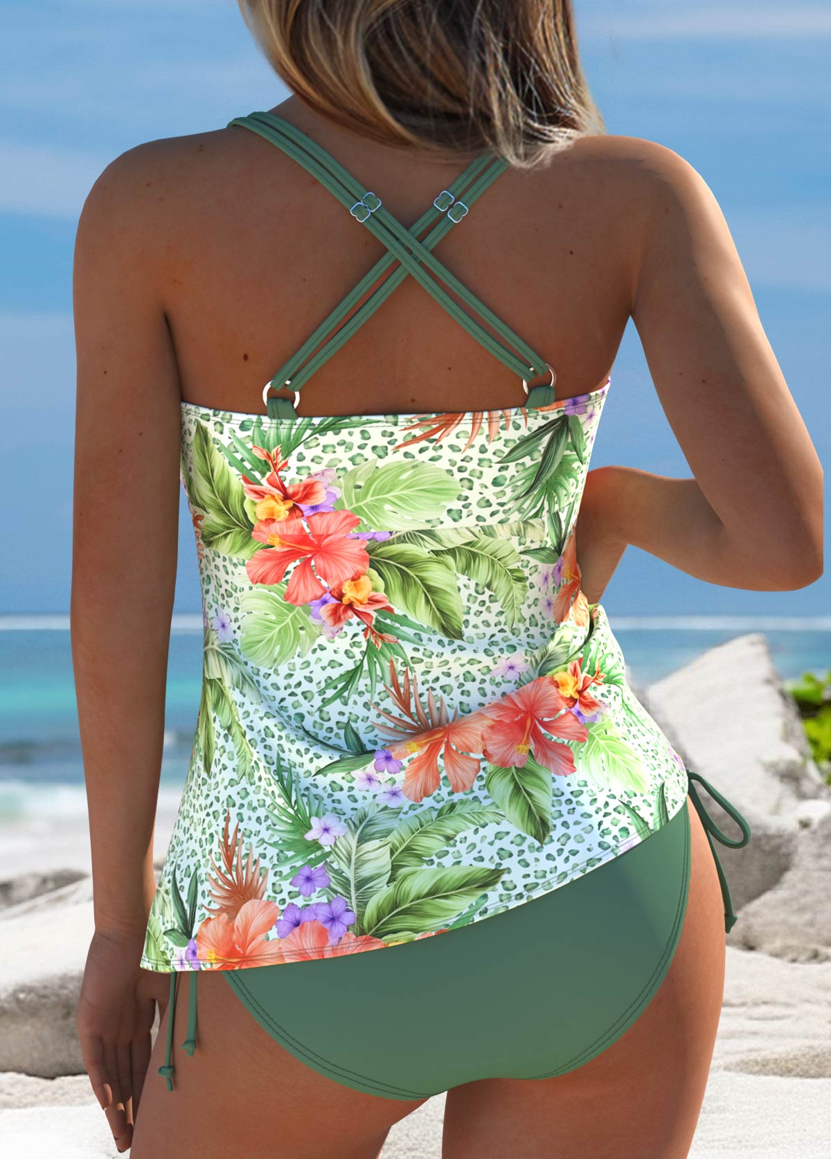 Mid Waisted Floral Print Green Tankini Set | picture 