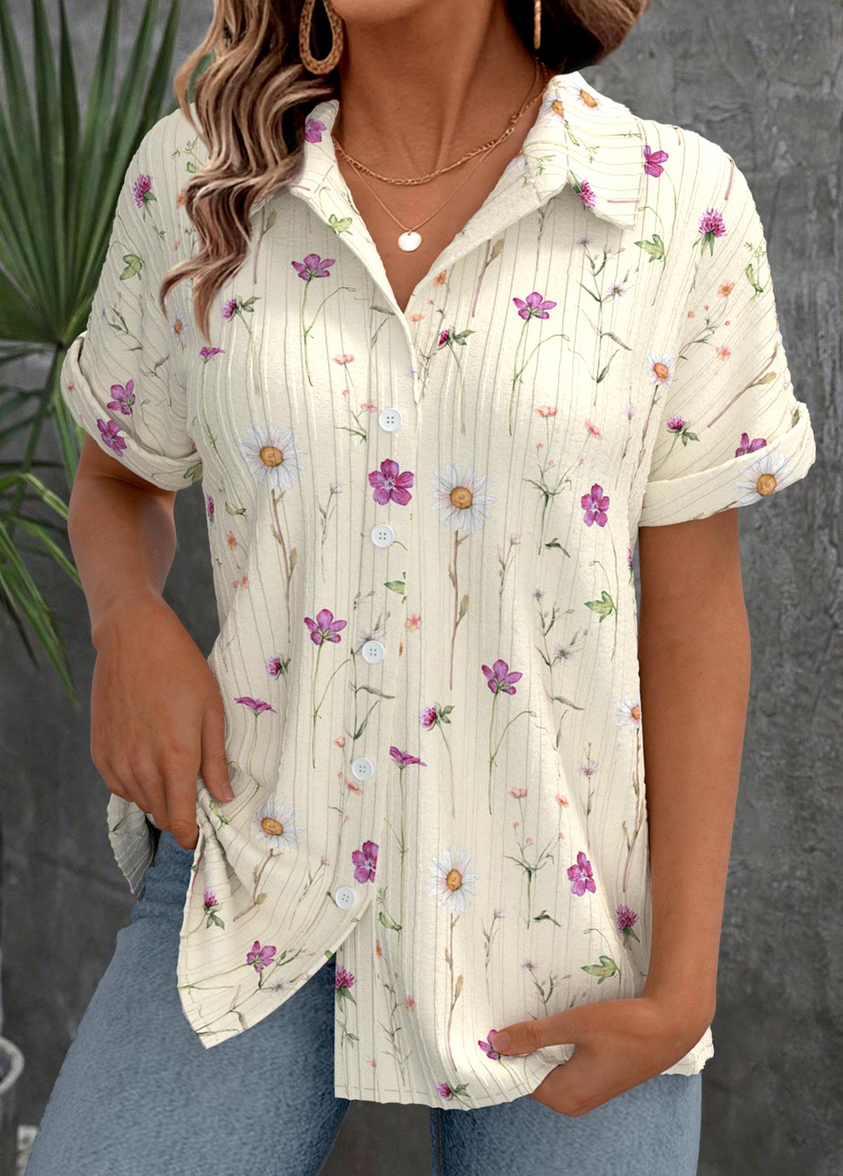 Beige Ditsy Floral Print Short Sleeve Shirt Collar Blouse | picture 
