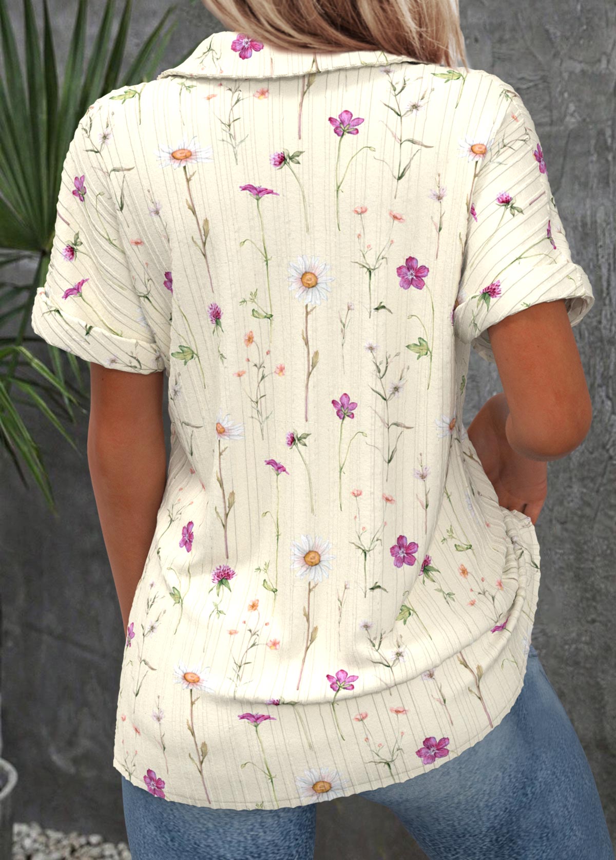 Beige Ditsy Floral Print Short Sleeve Shirt Collar Blouse | picture 