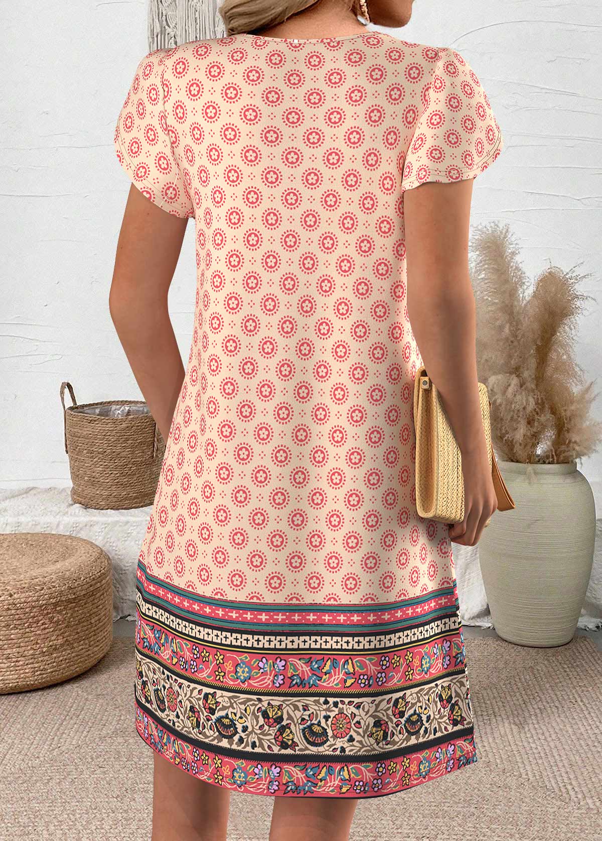 Multi Color Random Floral Print Short Split Neck Dress | picture 