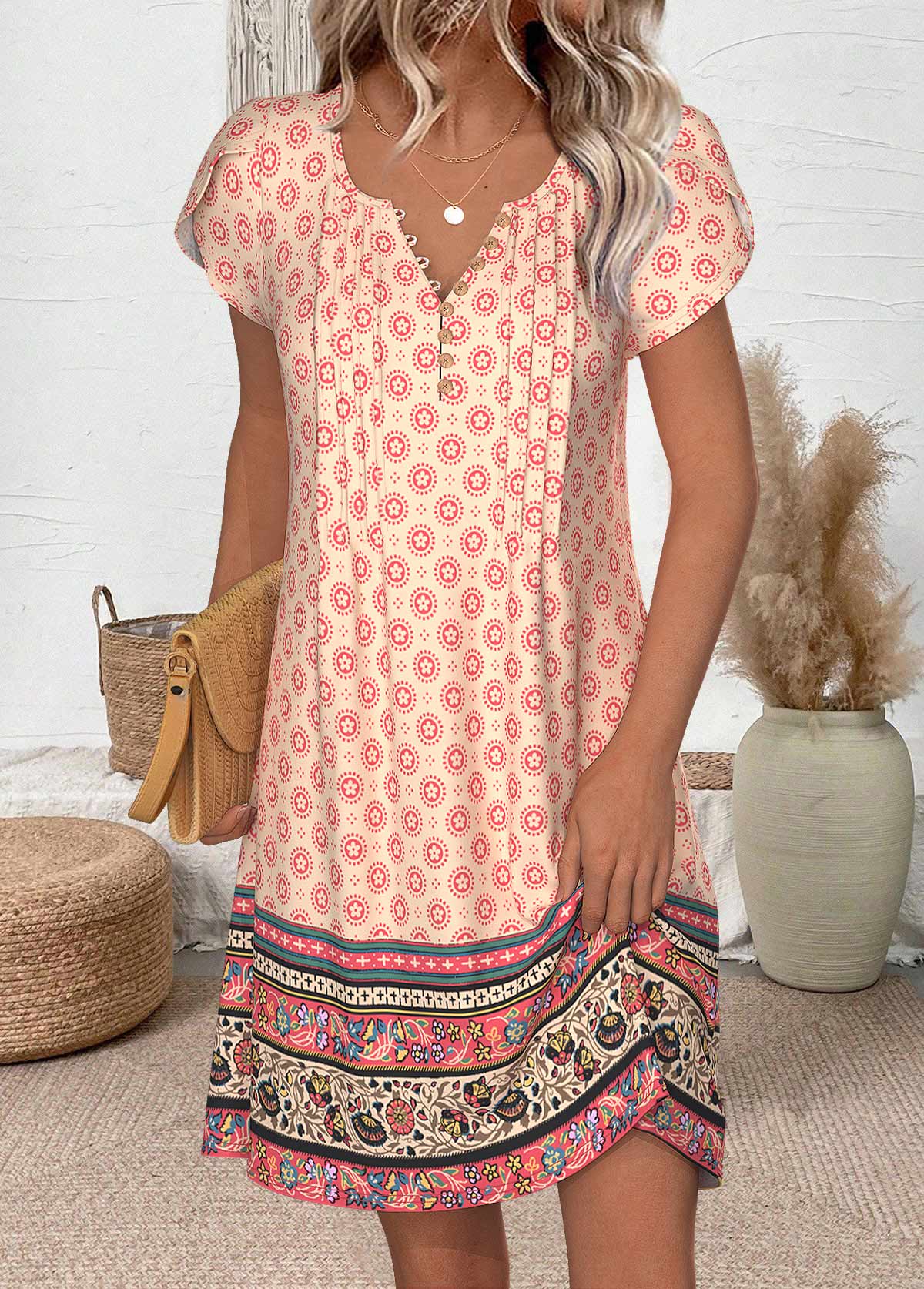 Multi Color Random Floral Print Short Split Neck Dress | picture 