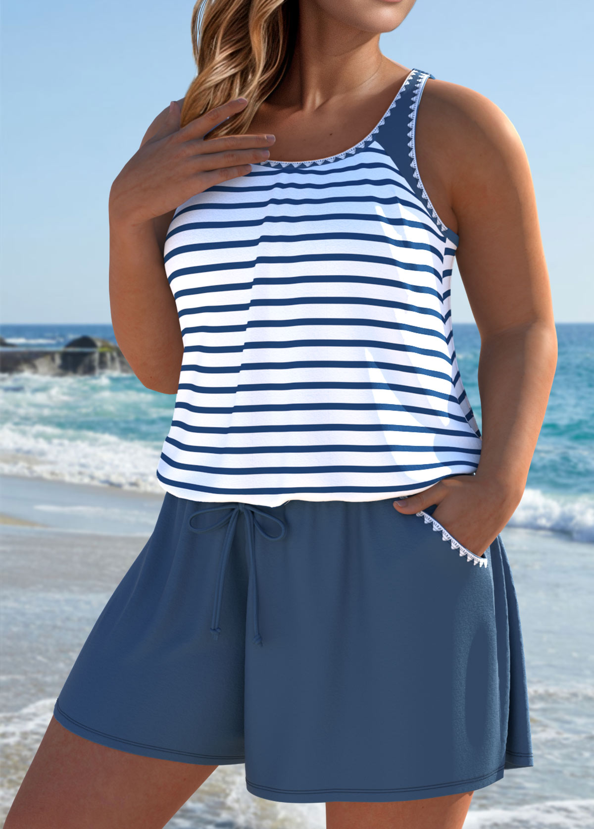 Striped Dusty Blue One Piece Swimwear | picture 