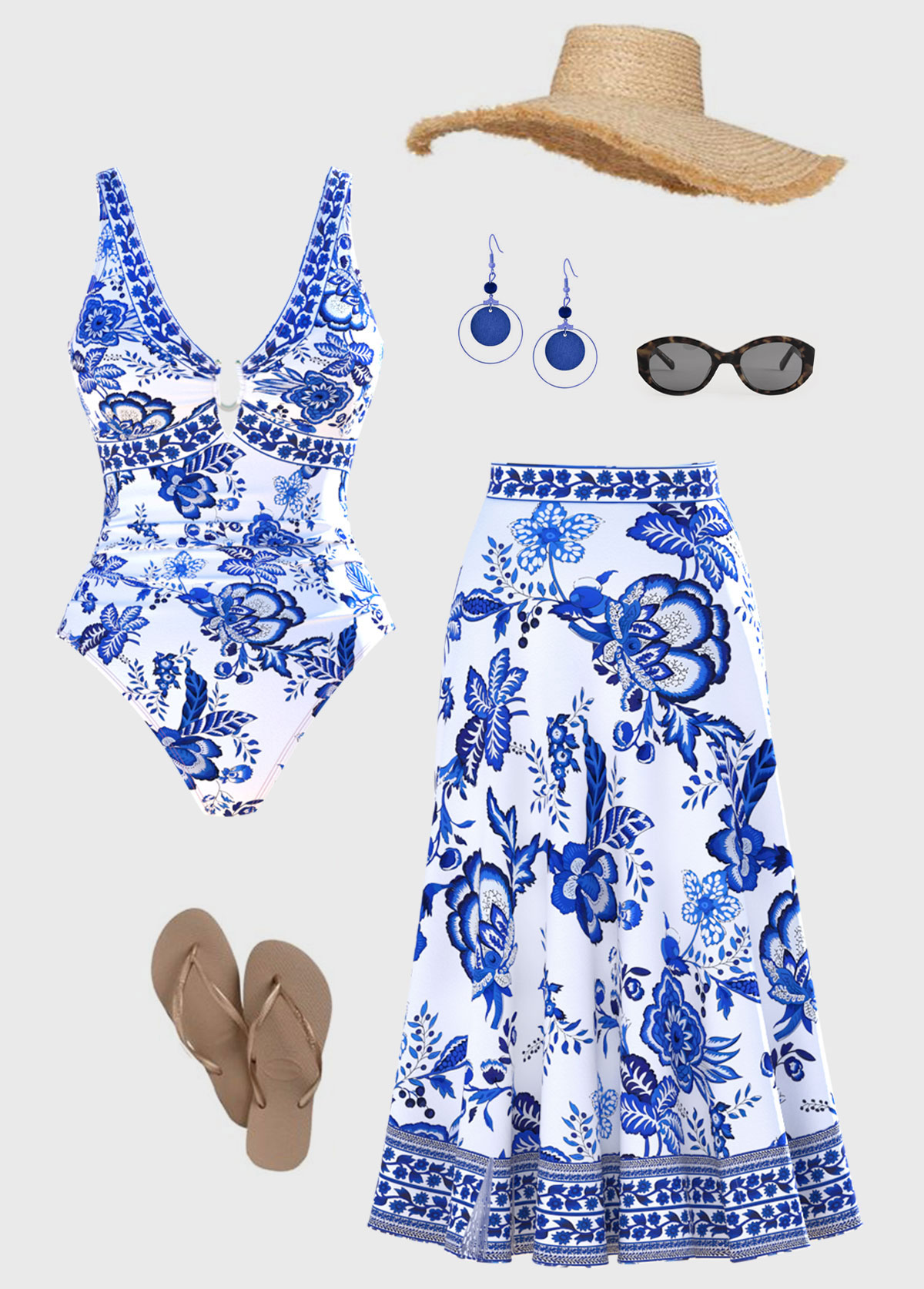 Random Floral Two-Piece One Piece Swimwear and Skirt