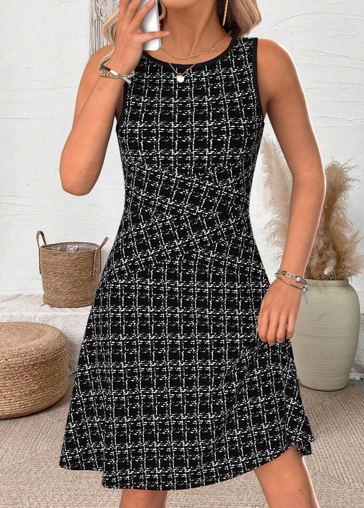 Modlily Black Plaid Sleeveless Round Neck Dress - XXL