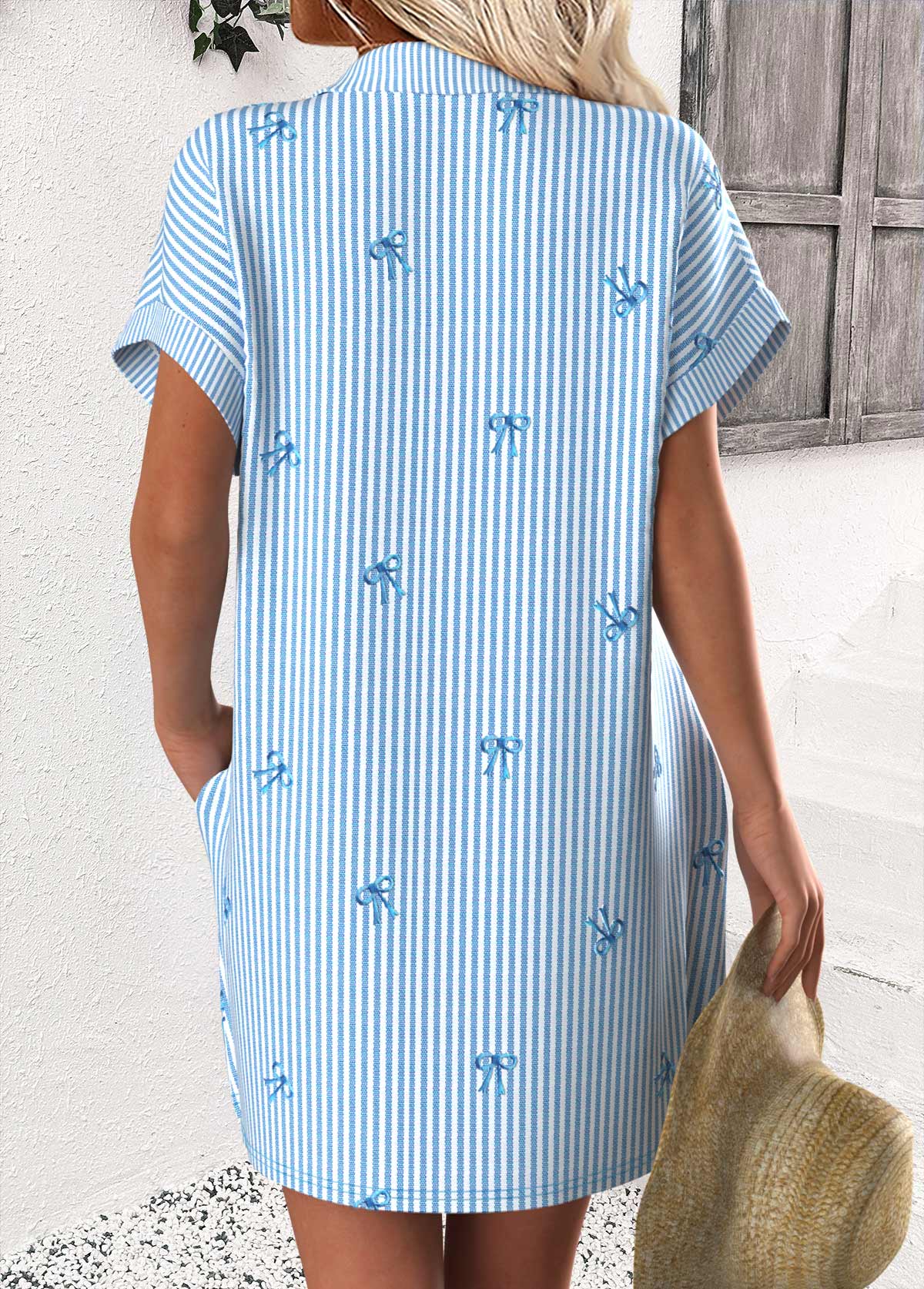Light Blue Tummy Coverage Striped Short Shirt Collar Dress | picture 