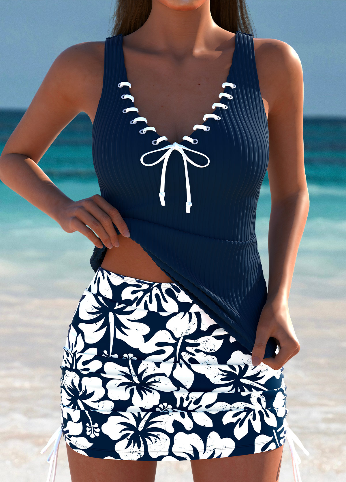 Mid Waisted Tropical Plants Print Navy Tankini Set | picture 