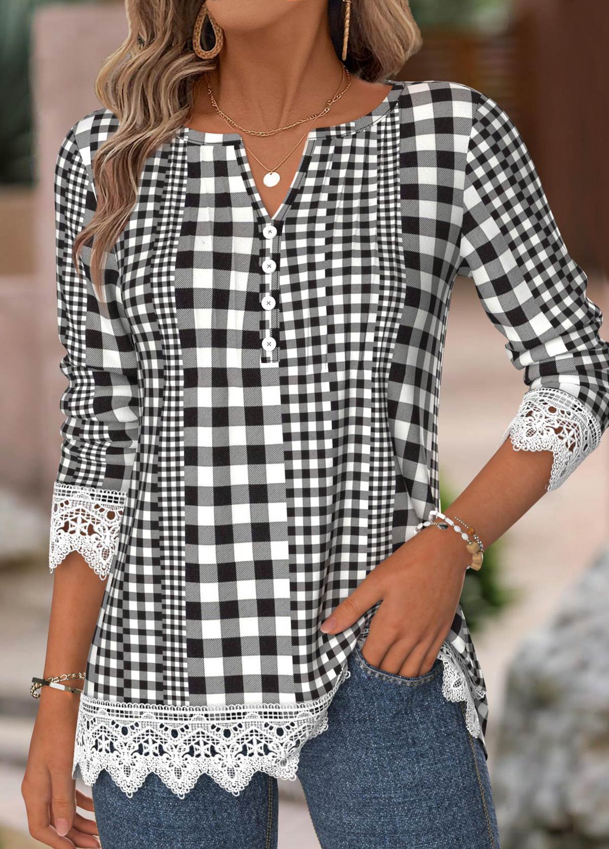 Black Gingham Print Long Sleeve Split Neck T Shirt | picture 