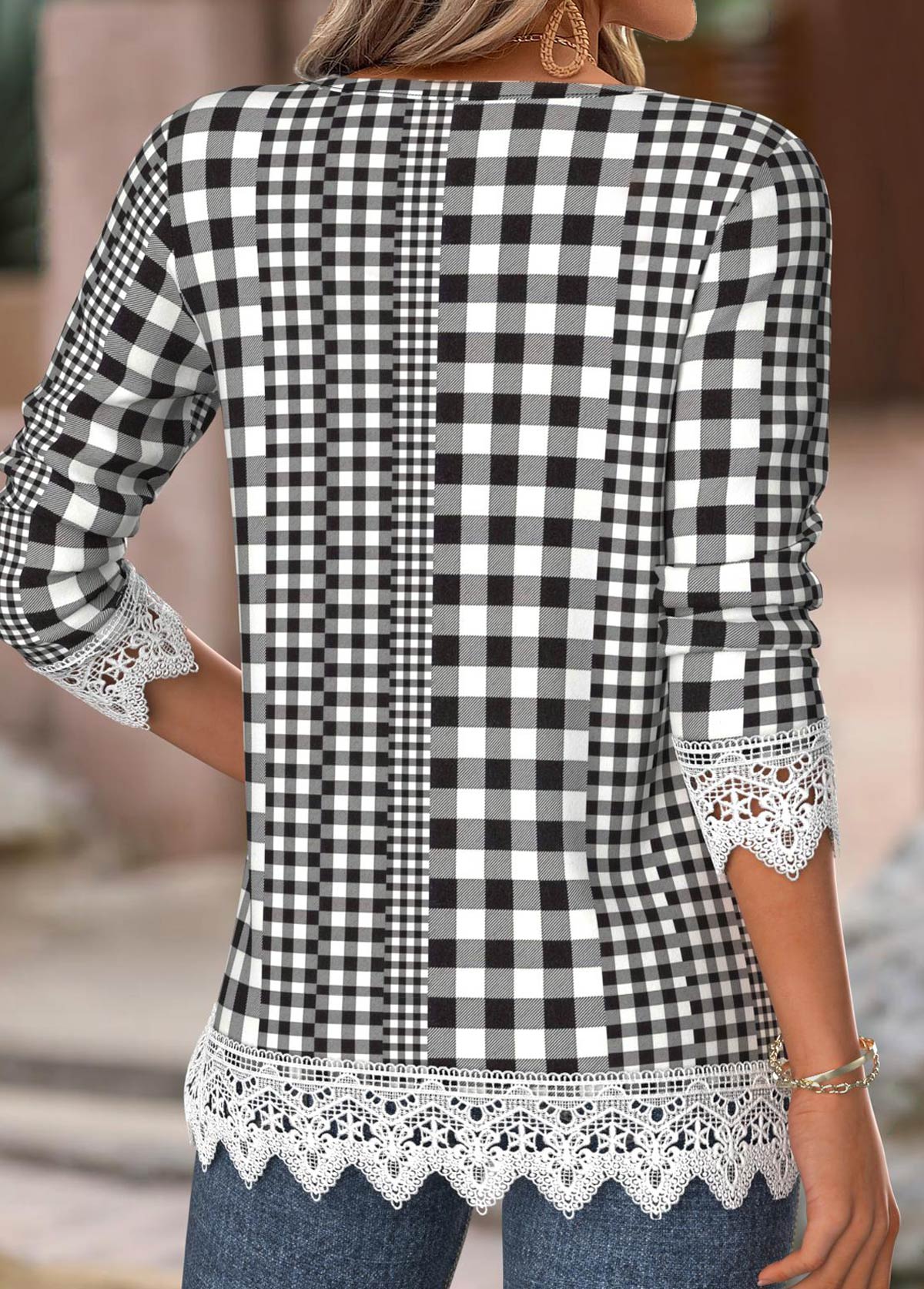Black Gingham Print Long Sleeve Split Neck T Shirt | picture 
