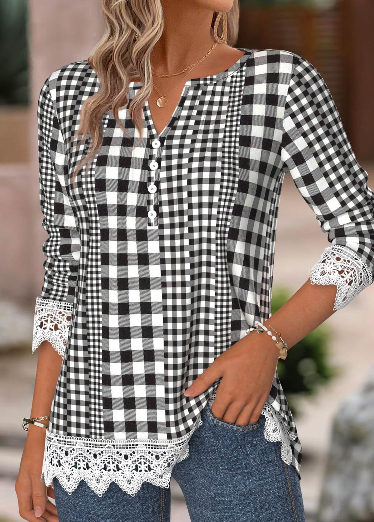 Black Gingham Print Long Sleeve Split Neck T Shirt | picture 