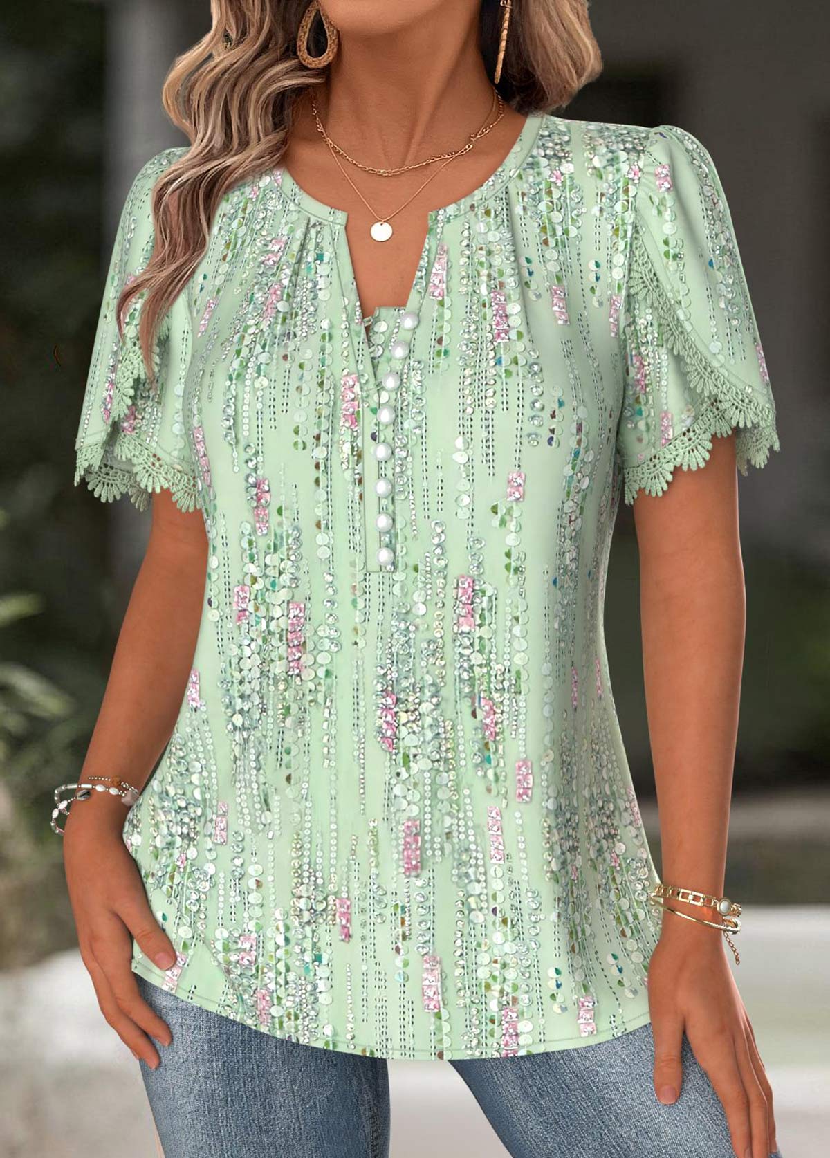 Light Green Geometric Print Short Sleeve Split Neck Blouse | picture 