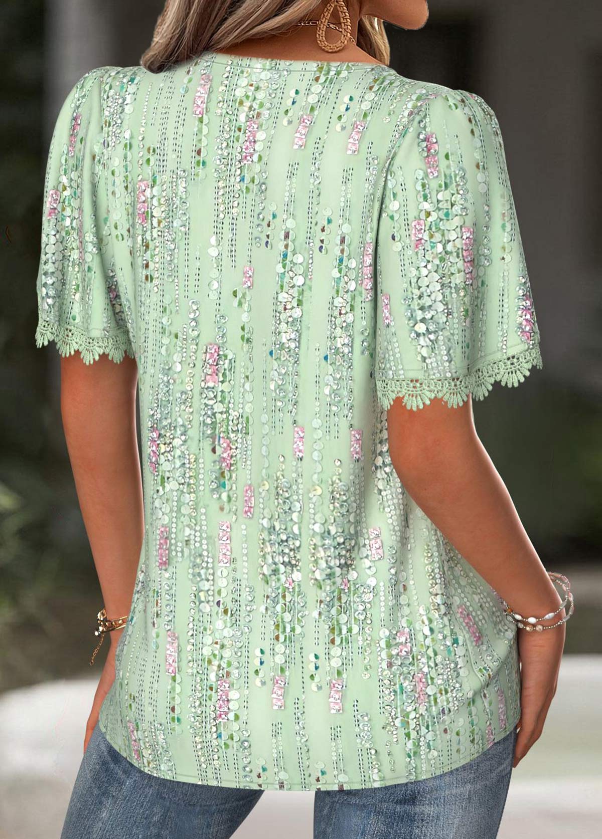 Light Green Geometric Print Short Sleeve Split Neck Blouse | picture 